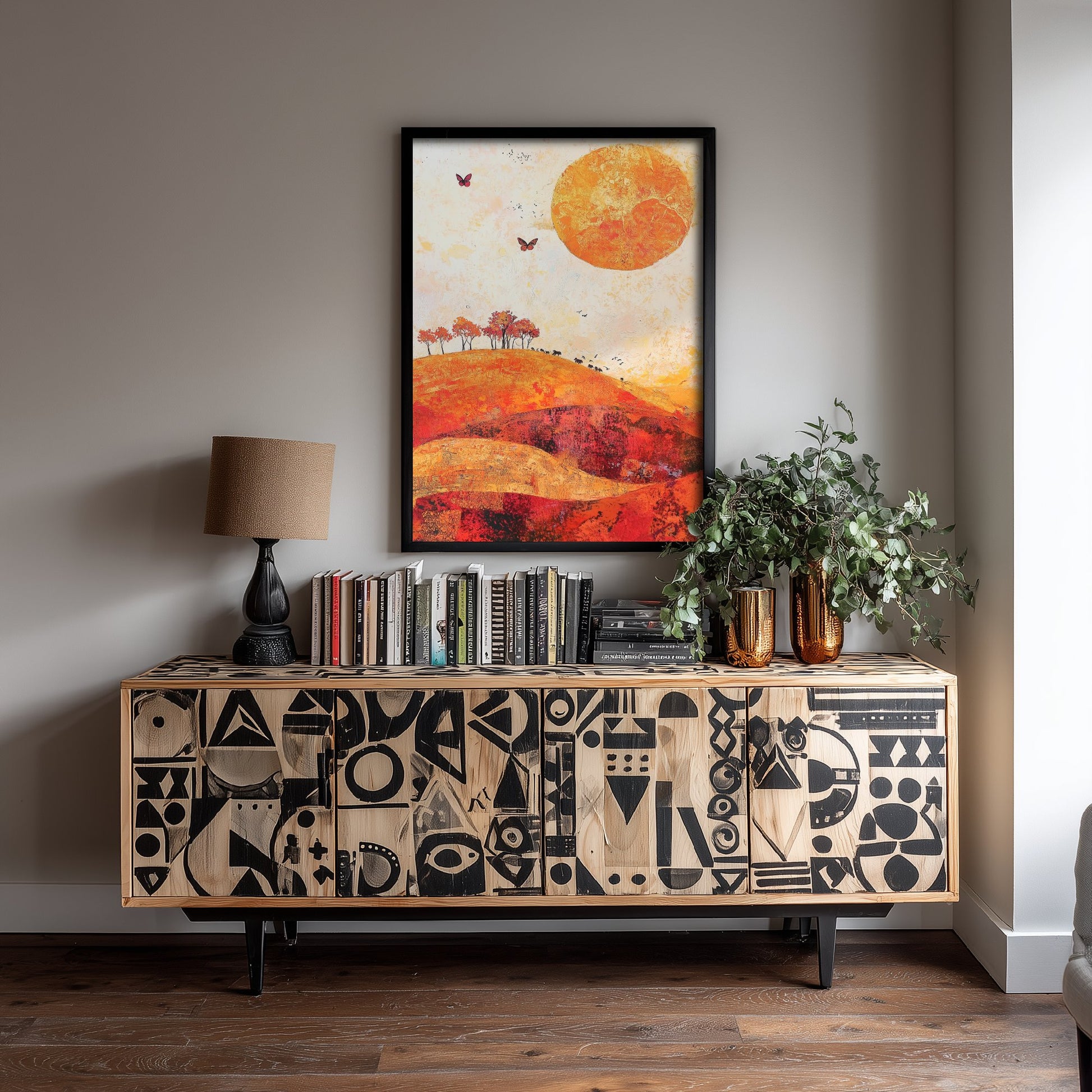Rolling Hills Landscape Art Print - Butterfly Meadow Poster - Folk Art Painting - Tangerine Ink and Ash 2/3
