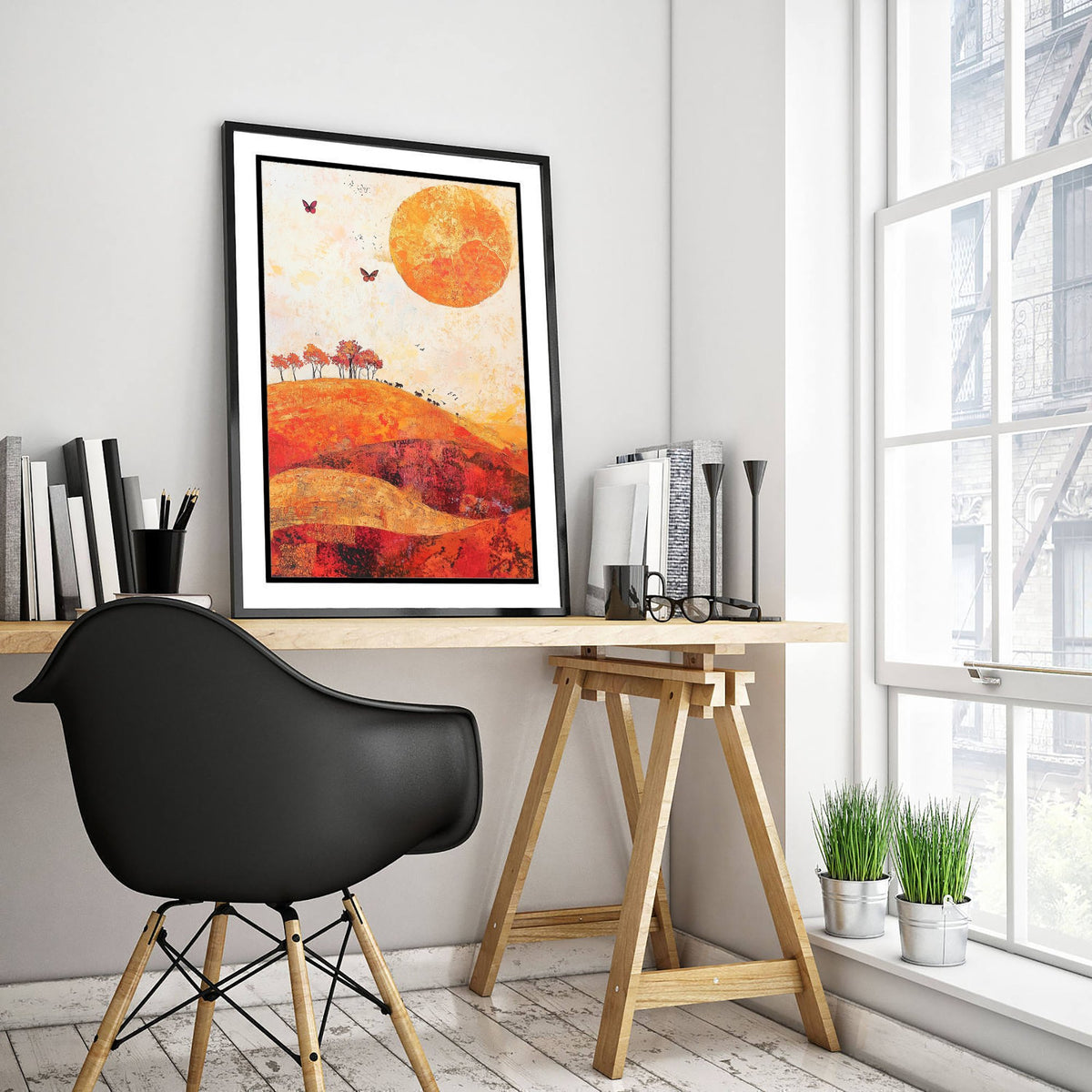 Rolling Hills Landscape Art Print - Butterfly Meadow Poster - Folk Art Painting - Tangerine Ink and Ash 2/3