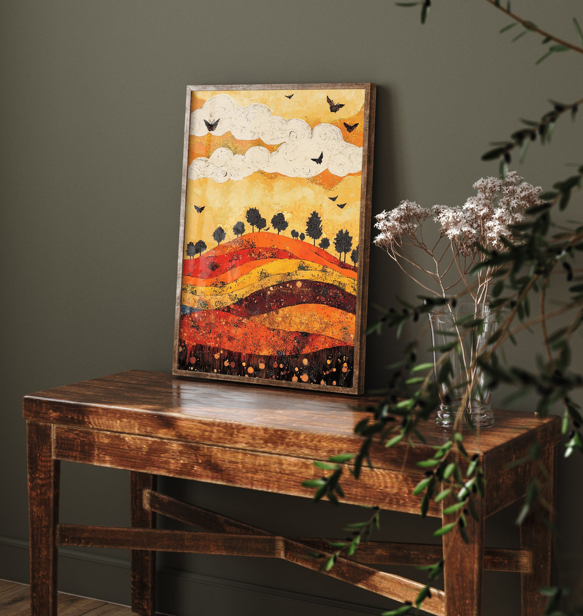 Rolling Hills Landscape Art Print - Butterfly Meadow Poster - Folk Art Painting - Tangerine Ink and Ash 3/3