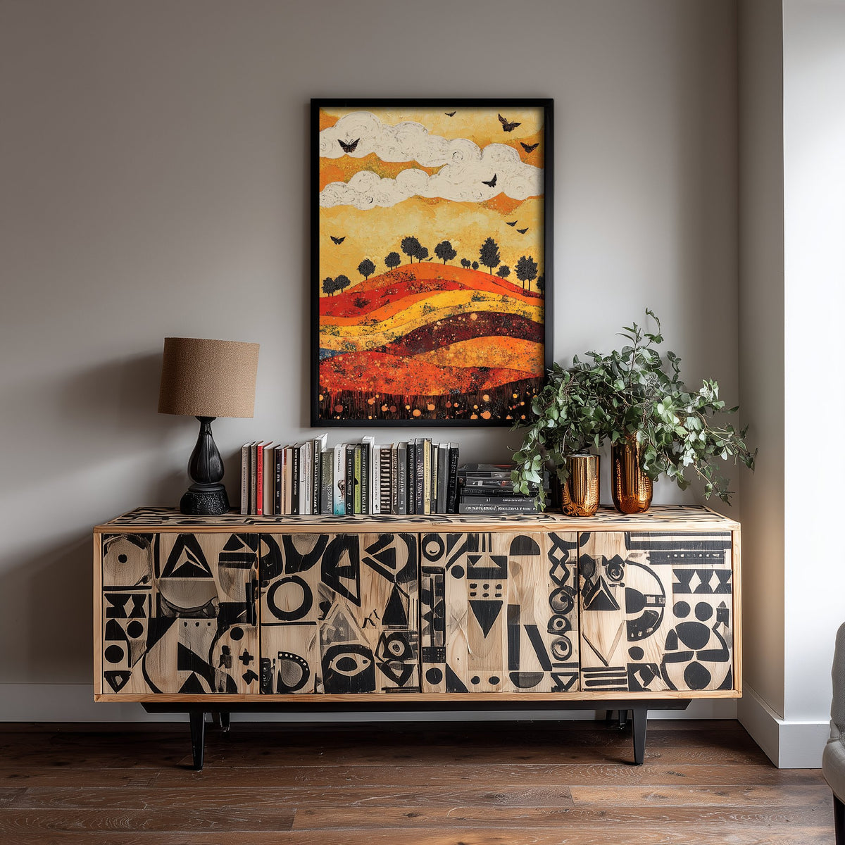 Rolling Hills Landscape Art Print - Butterfly Meadow Poster - Folk Art Painting - Tangerine Ink and Ash 3/3