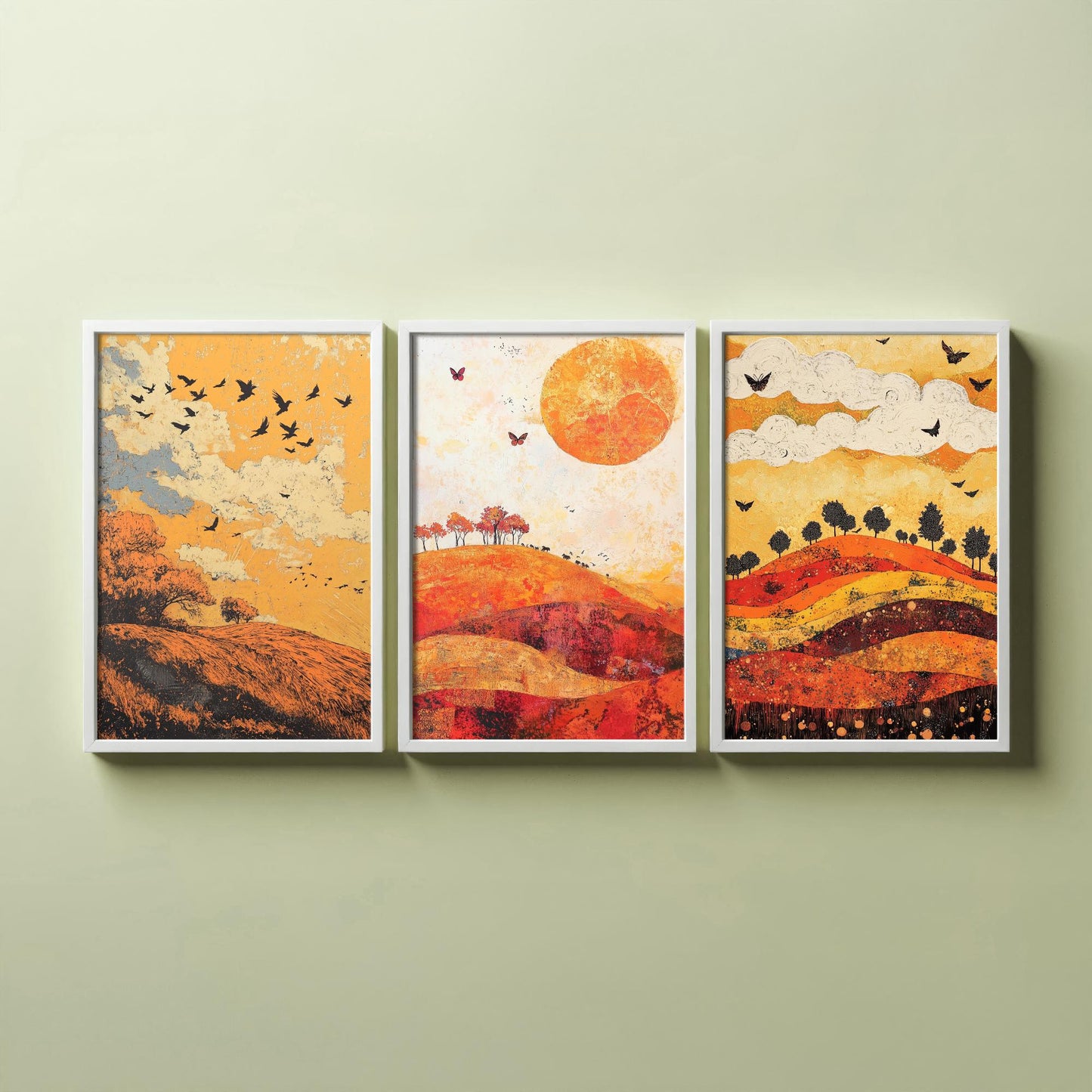 Rolling Hills Butterfly Set of Three Art Prints - Tangerine Ink and Ash - Folk Meadow Poster Illustration Gift