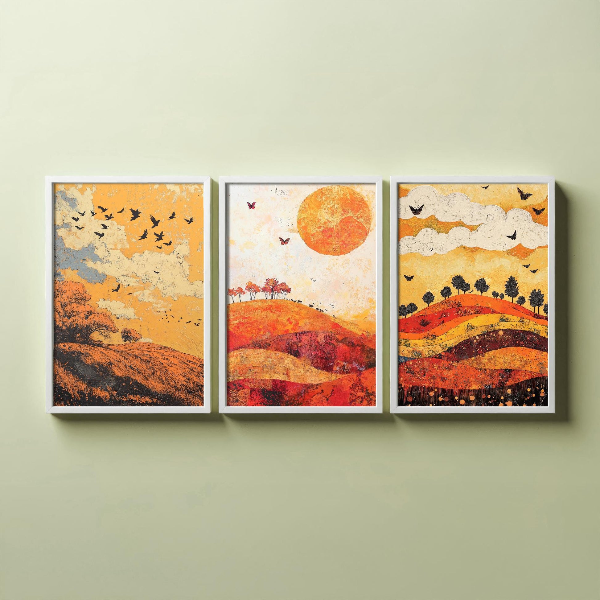 Rolling Hills Butterfly Set of Three Art Prints - Tangerine Ink and Ash - Folk Meadow Poster Illustration Gift