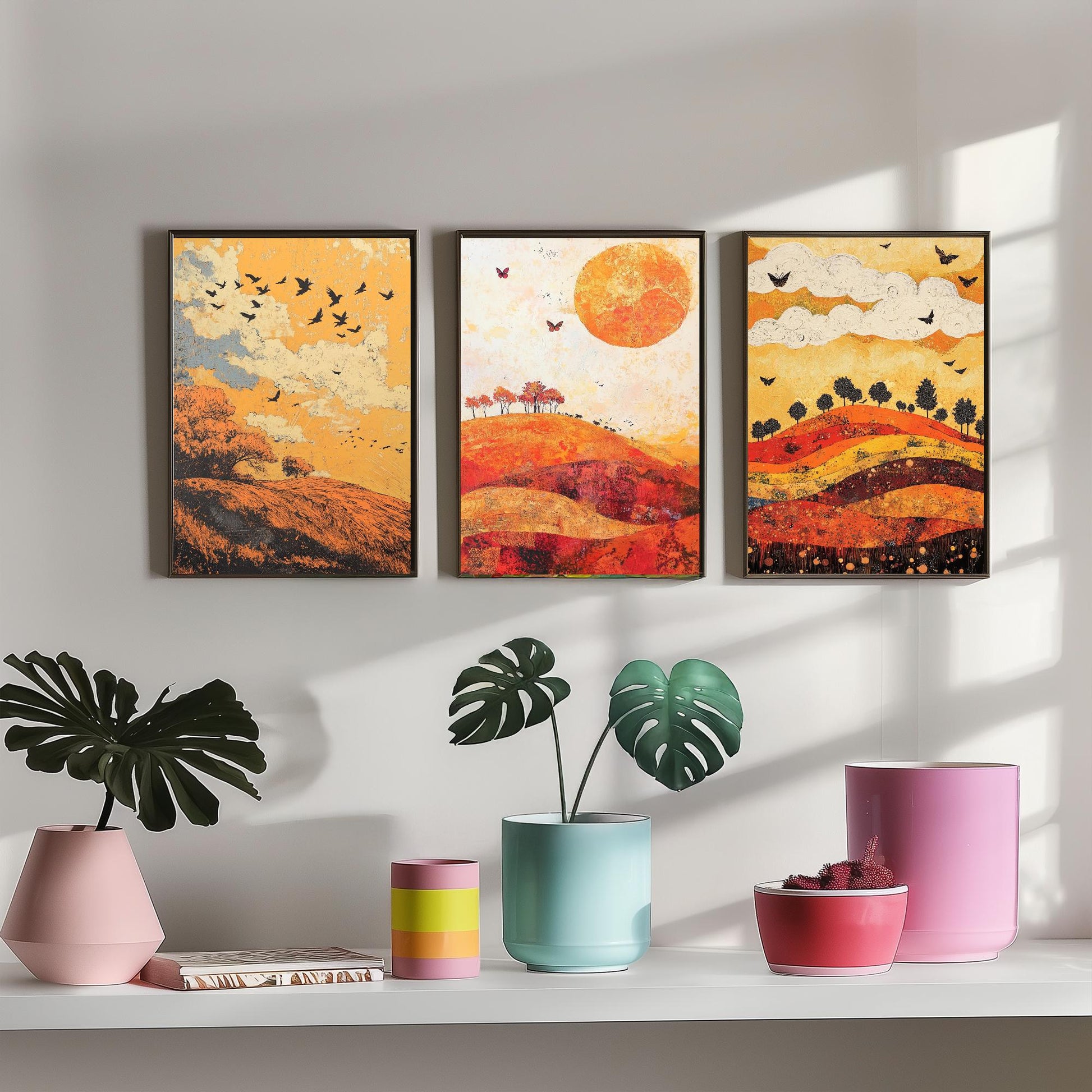 Rolling Hills Butterfly Set of Three Art Prints - Tangerine Ink and Ash - Folk Meadow Poster Illustration Gift