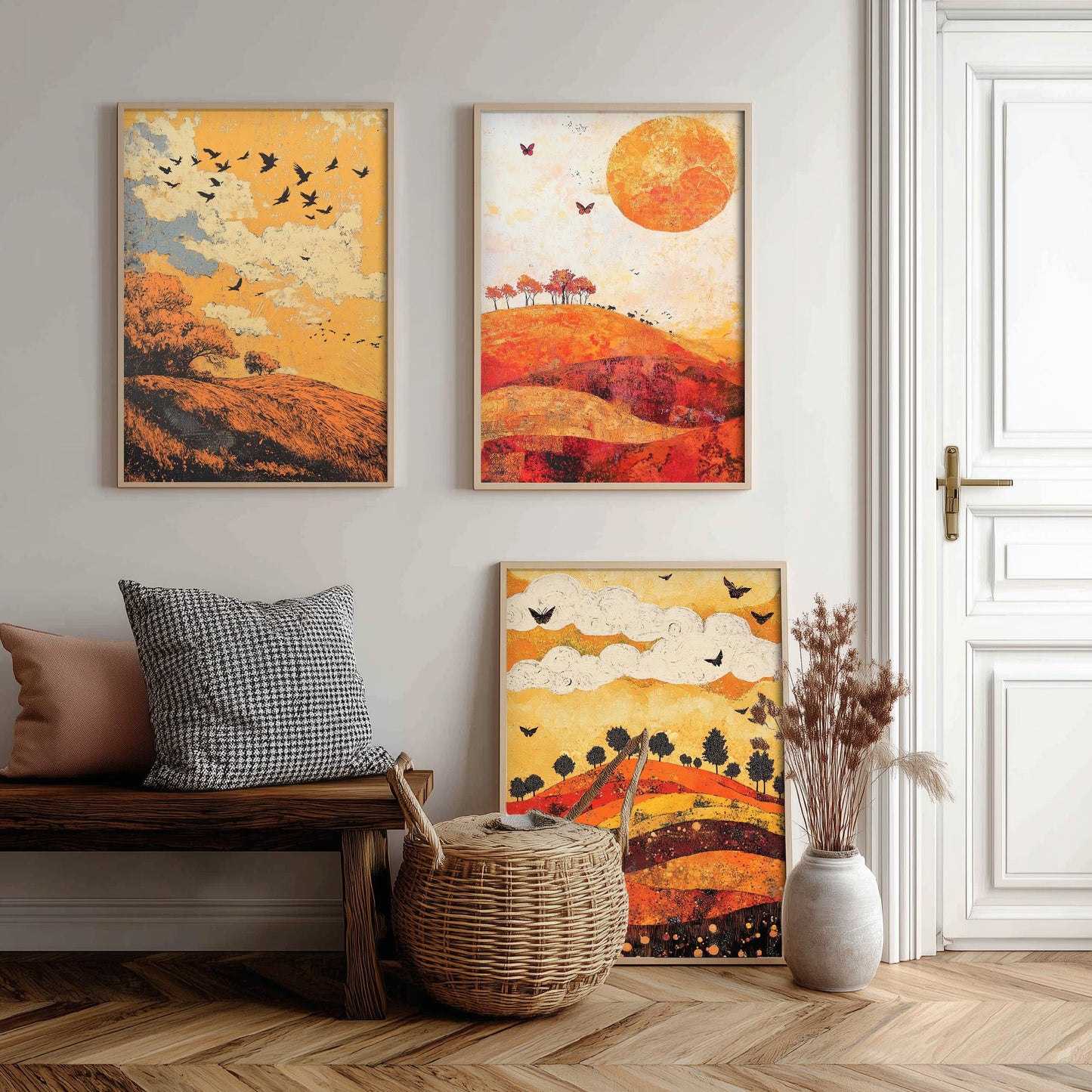 Rolling Hills Butterfly Set of Three Art Prints - Tangerine Ink and Ash - Folk Meadow Poster Illustration Gift