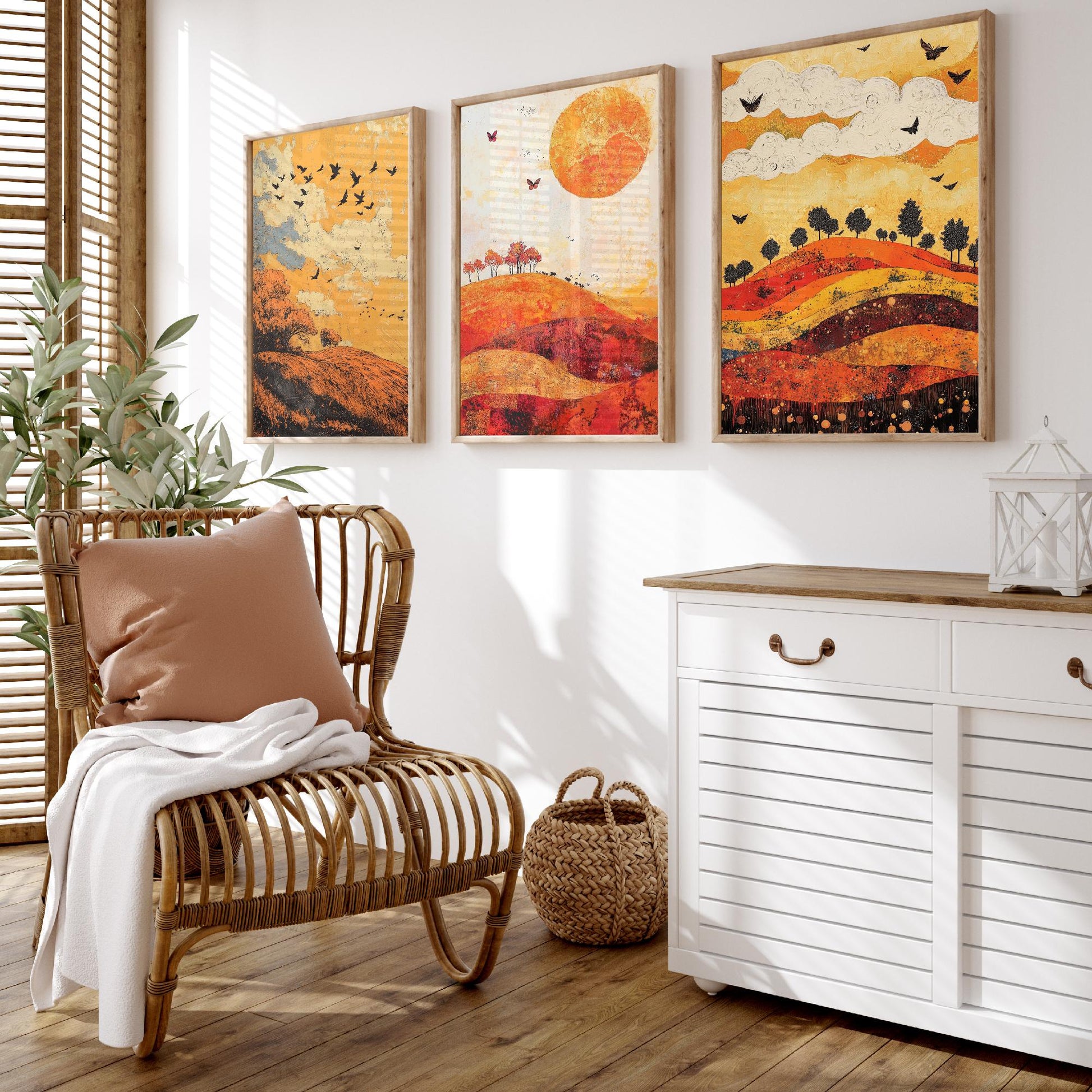 Rolling Hills Butterfly Set of Three Art Prints - Tangerine Ink and Ash - Folk Meadow Poster Illustration Gift