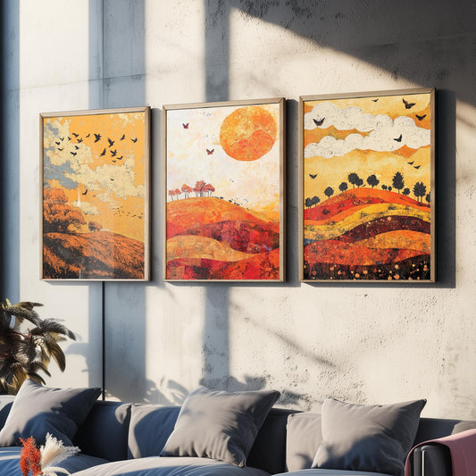 Rolling Hills Butterfly Set of Three Art Prints - Tangerine Ink and Ash - Folk Meadow Poster Illustration Gift