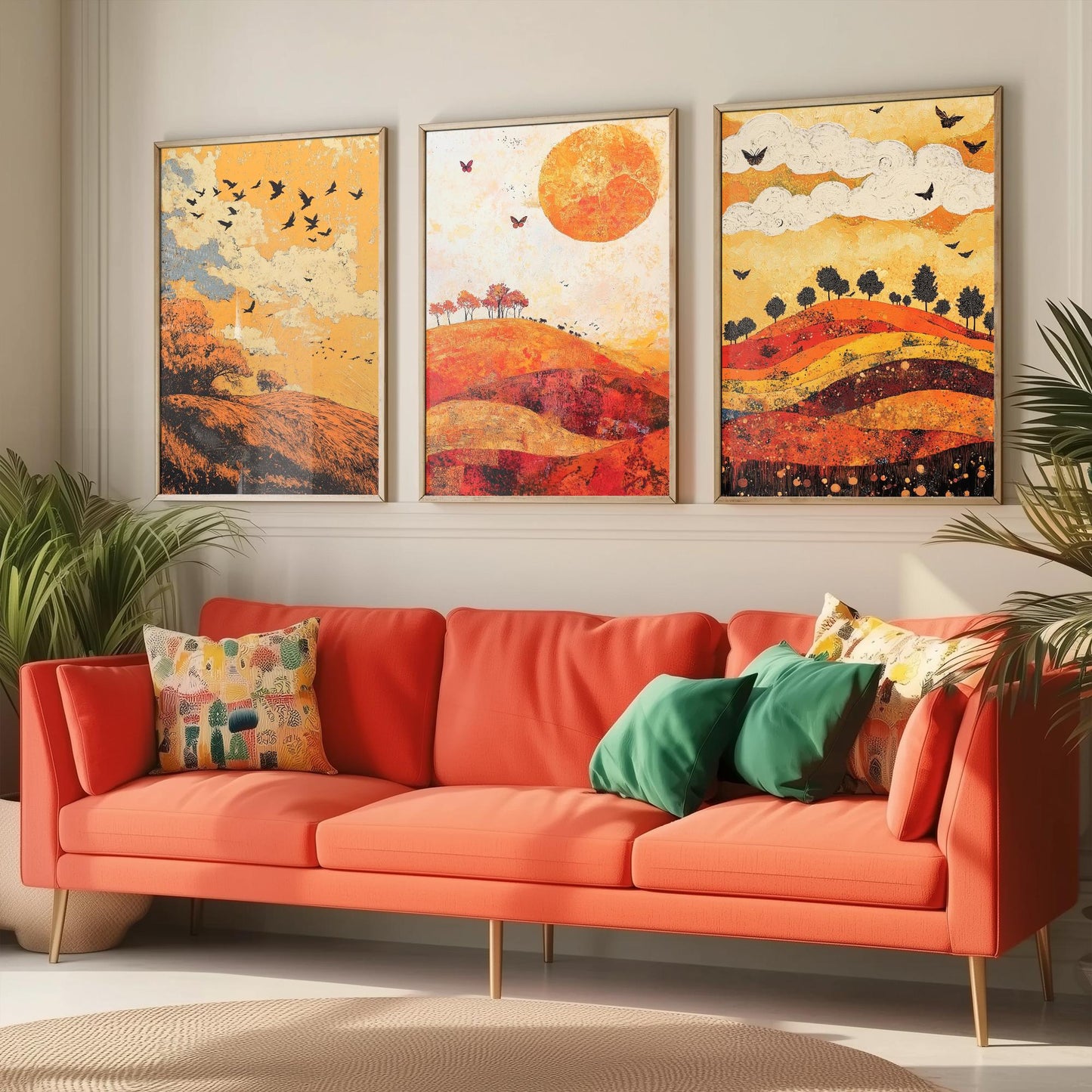Rolling Hills Butterfly Set of Three Art Prints - Tangerine Ink and Ash - Folk Meadow Poster Illustration Gift