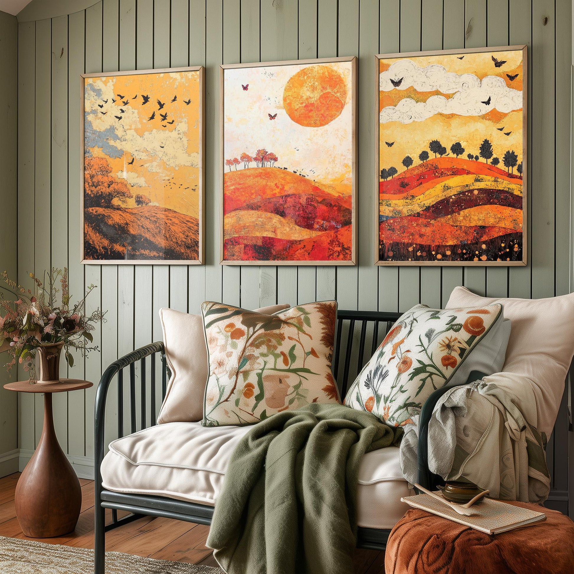 Rolling Hills Butterfly Set of Three Art Prints - Tangerine Ink and Ash - Folk Meadow Poster Illustration Gift