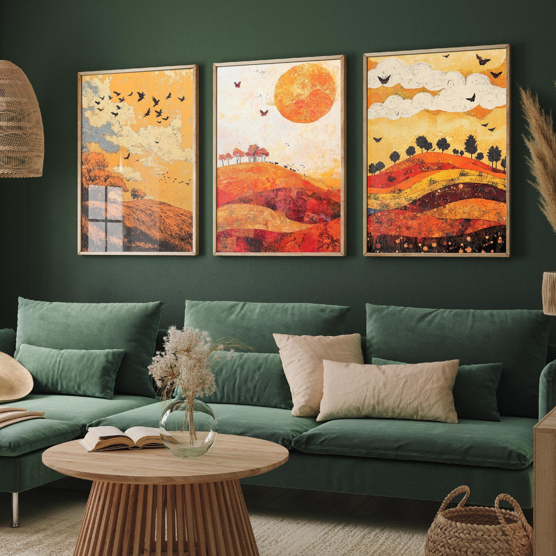 Rolling Hills Butterfly Set of Three Art Prints - Tangerine Ink and Ash - Folk Meadow Poster Illustration Gift