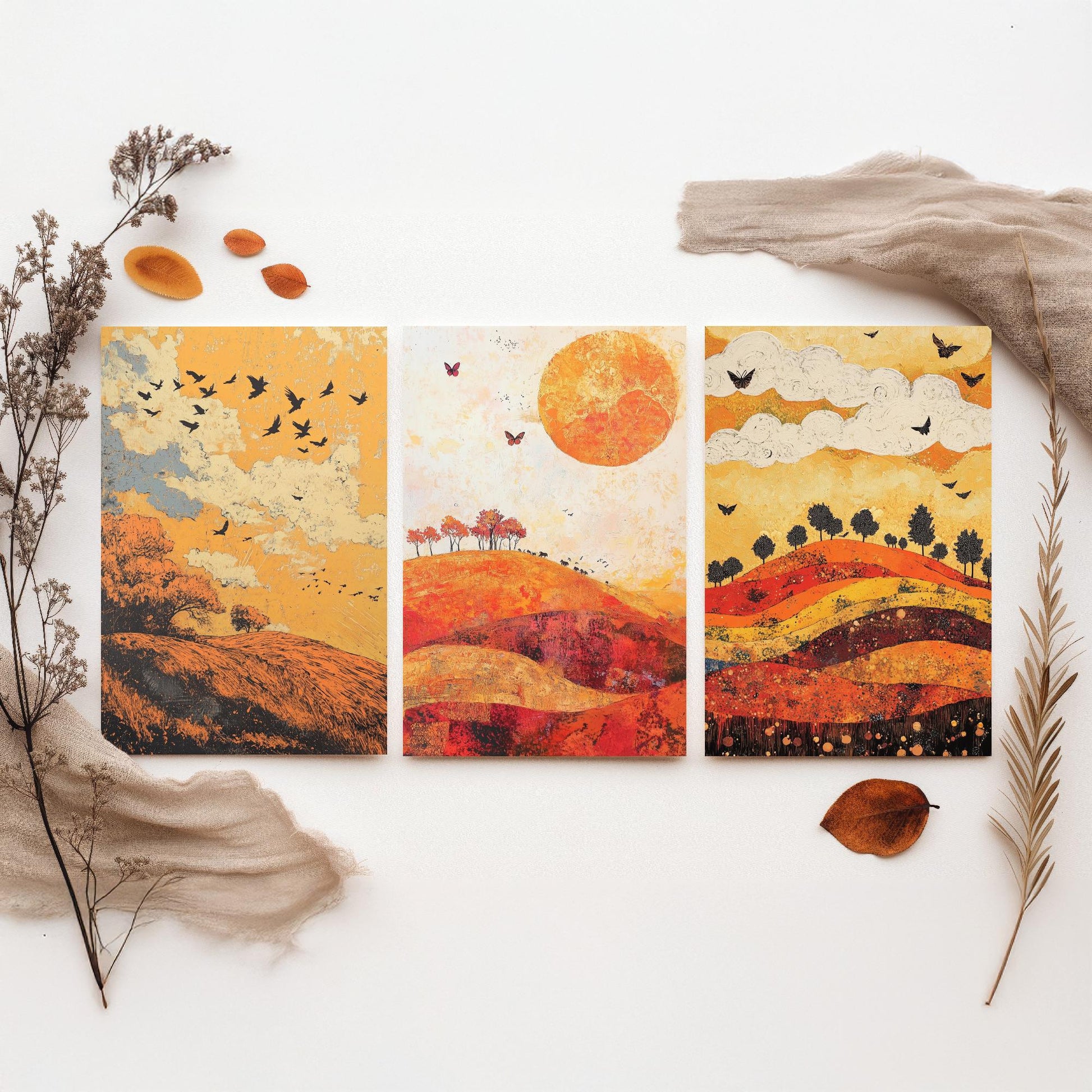 Rolling Hills Butterfly Set of Three Art Prints - Tangerine Ink and Ash - Folk Meadow Poster Illustration Gift