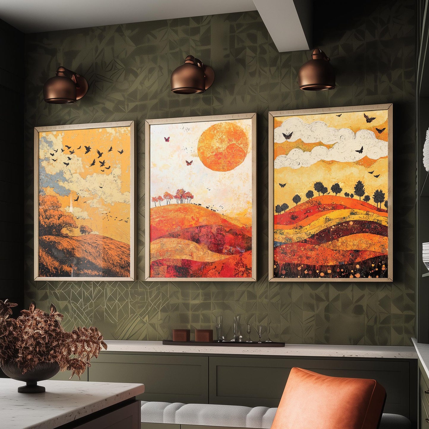 Rolling Hills Butterfly Set of Three Art Prints - Tangerine Ink and Ash - Folk Meadow Poster Illustration Gift