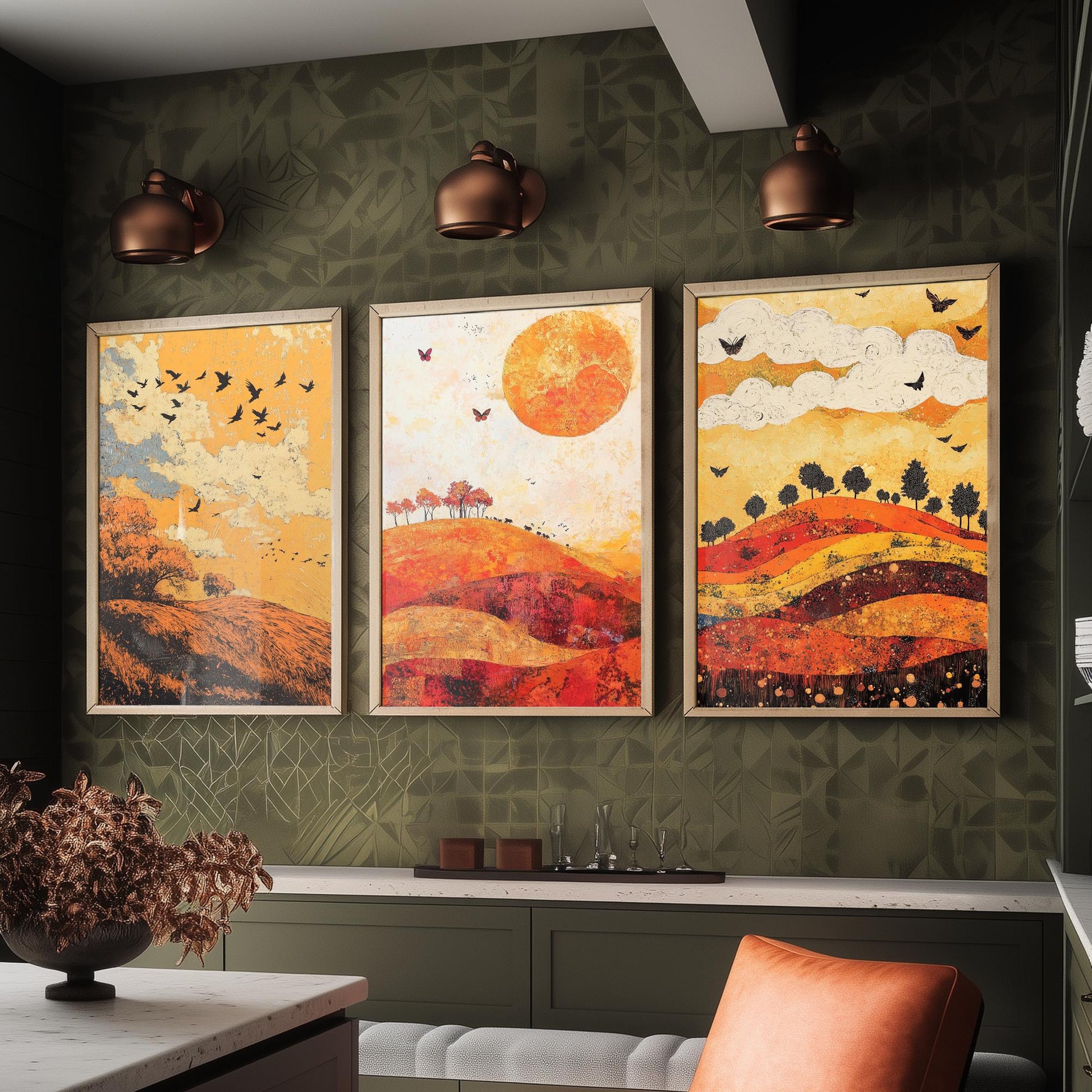 Rolling Hills Butterfly Set of Three Art Prints - Tangerine Ink and Ash - Folk Meadow Poster Illustration Gift