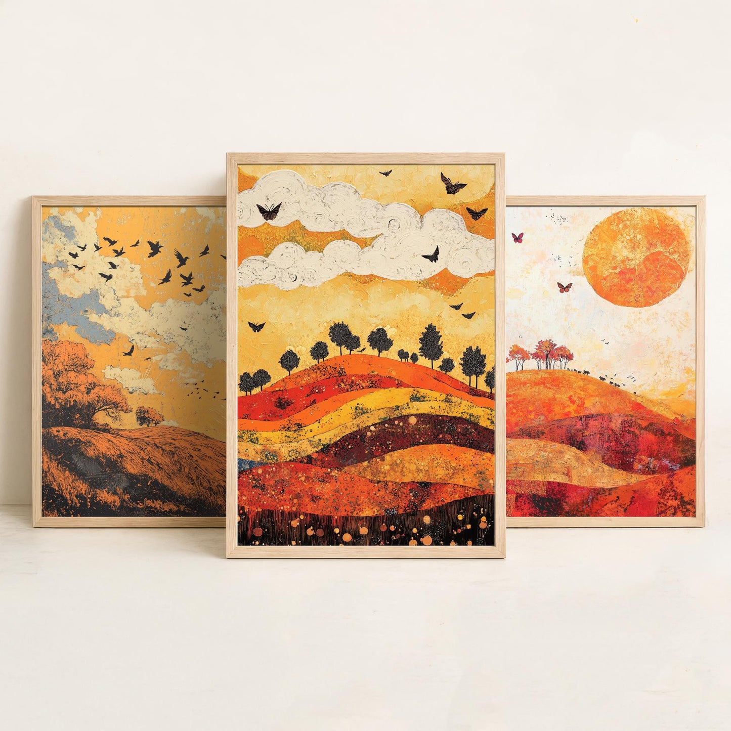 Rolling Hills Butterfly Set of Three Art Prints - Tangerine Ink and Ash - Folk Meadow Poster Illustration Gift