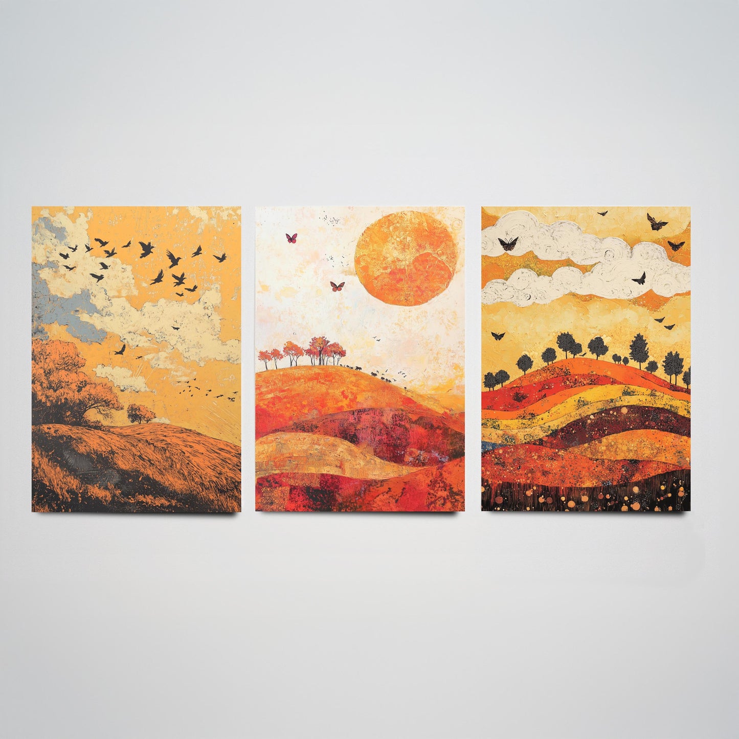 Rolling Hills Butterfly Set of Three Art Prints - Tangerine Ink and Ash - Folk Meadow Poster Illustration Gift
