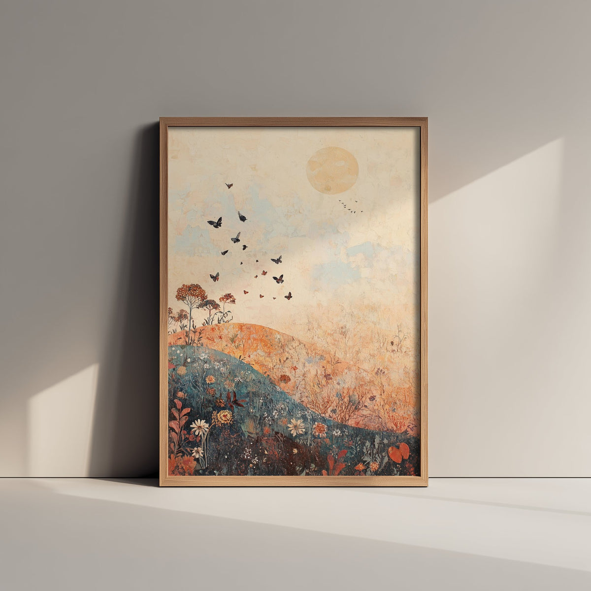 Rolling Hills Landscape Art Print - Butterfly Meadow Poster - Folk Art Painting - Terracotta Indigo and Mist 1/3