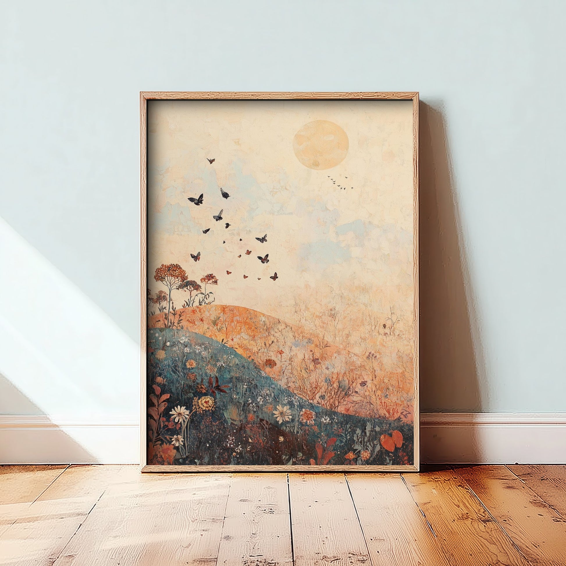 Rolling Hills Landscape Art Print - Butterfly Meadow Poster - Folk Art Painting - Terracotta Indigo and Mist 1/3