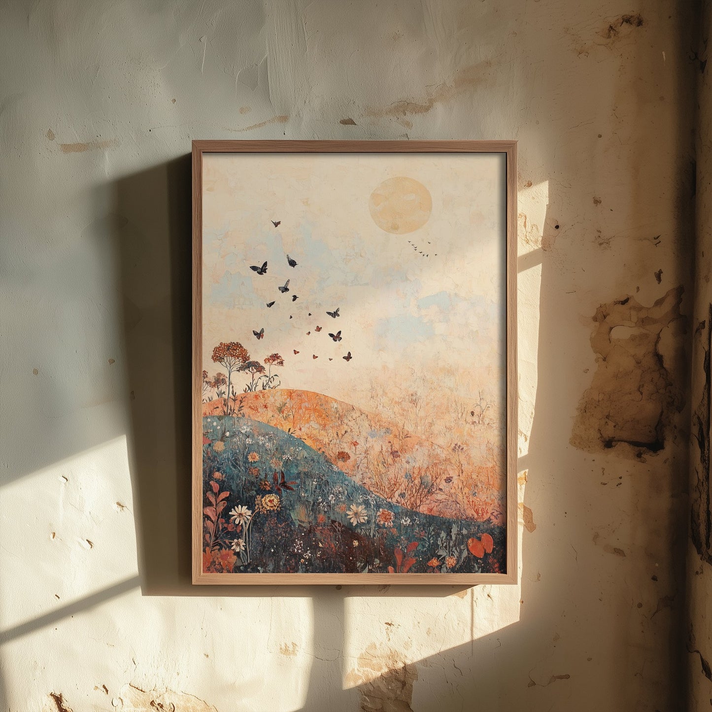 Rolling Hills Landscape Art Print - Butterfly Meadow Poster - Folk Art Painting - Terracotta Indigo and Mist 1/3