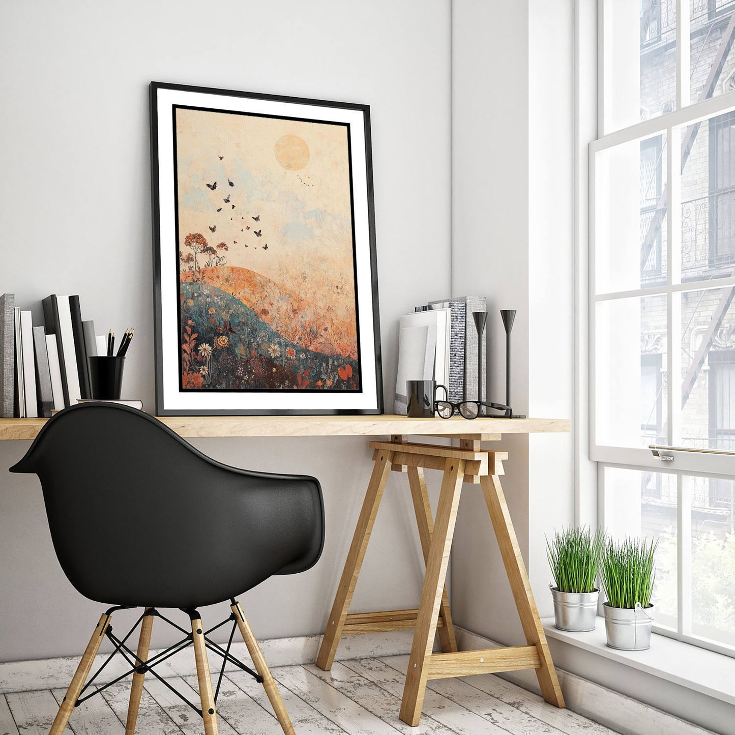 Rolling Hills Landscape Art Print - Butterfly Meadow Poster - Folk Art Painting - Terracotta Indigo and Mist 1/3