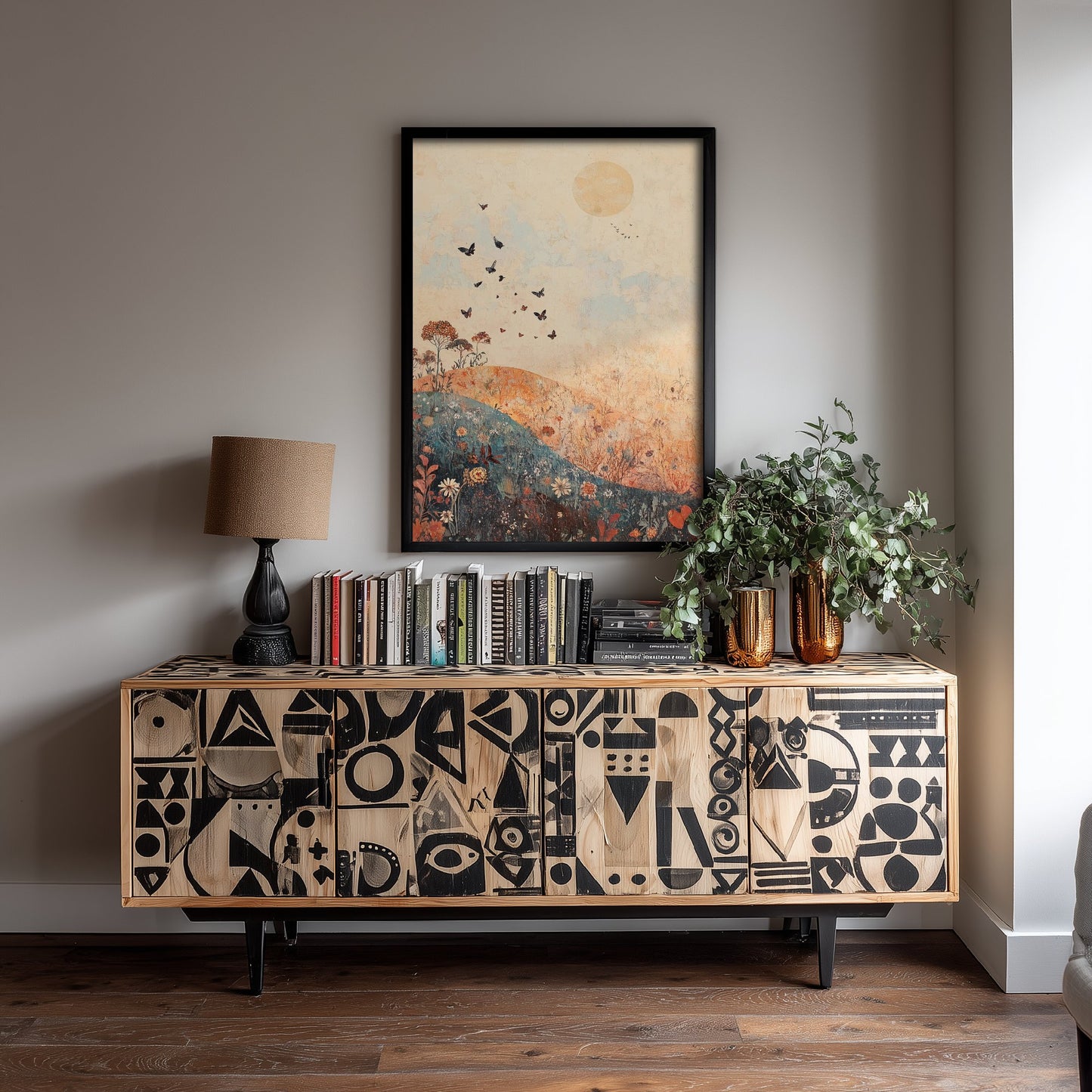 Rolling Hills Landscape Art Print - Butterfly Meadow Poster - Folk Art Painting - Terracotta Indigo and Mist 1/3