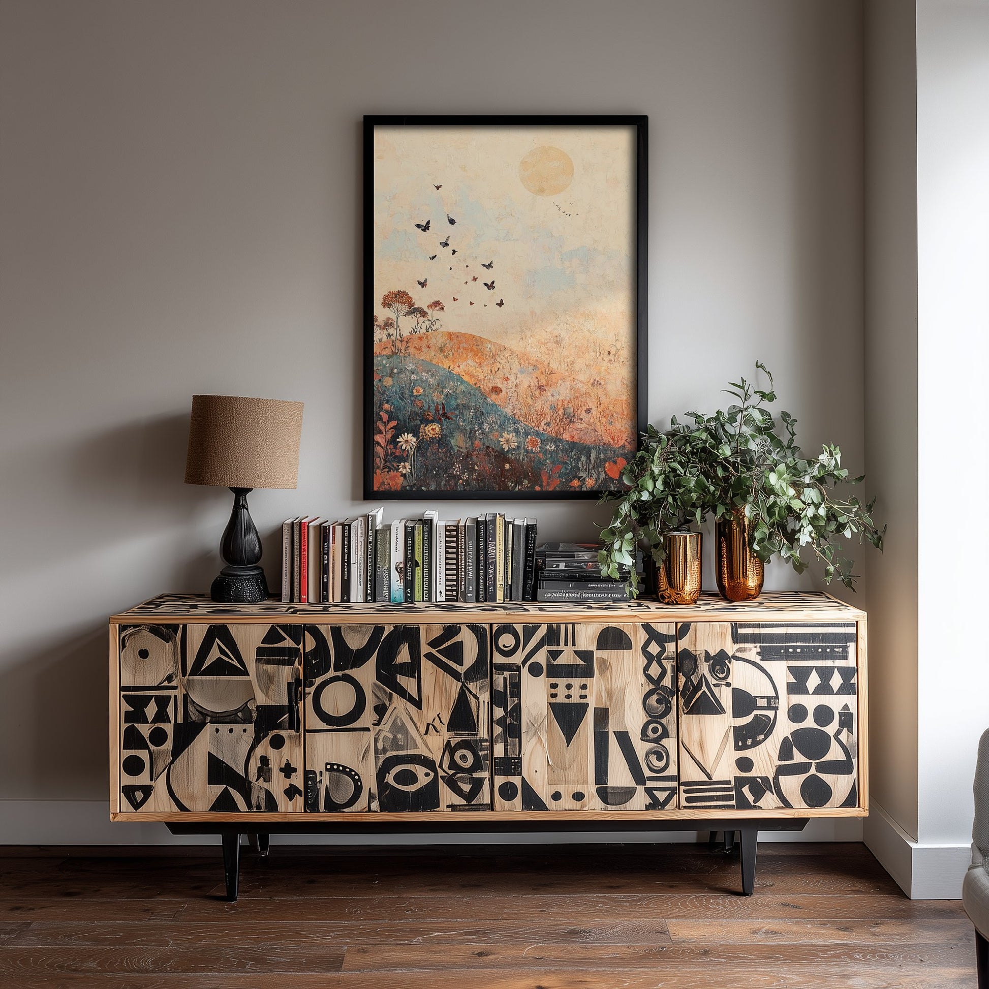 Rolling Hills Landscape Art Print - Butterfly Meadow Poster - Folk Art Painting - Terracotta Indigo and Mist 1/3