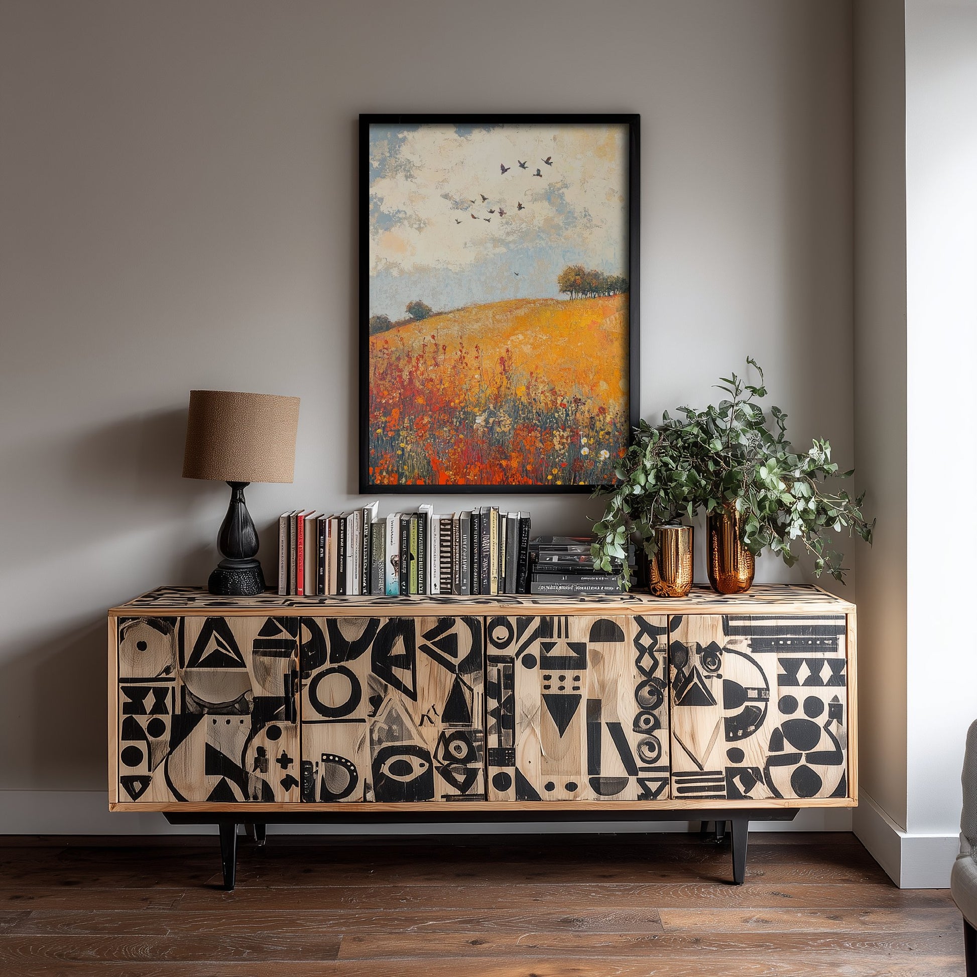 Rolling Hills Landscape Art Print - Butterfly Meadow Poster - Folk Art Painting - Terracotta Indigo and Mist 2/3