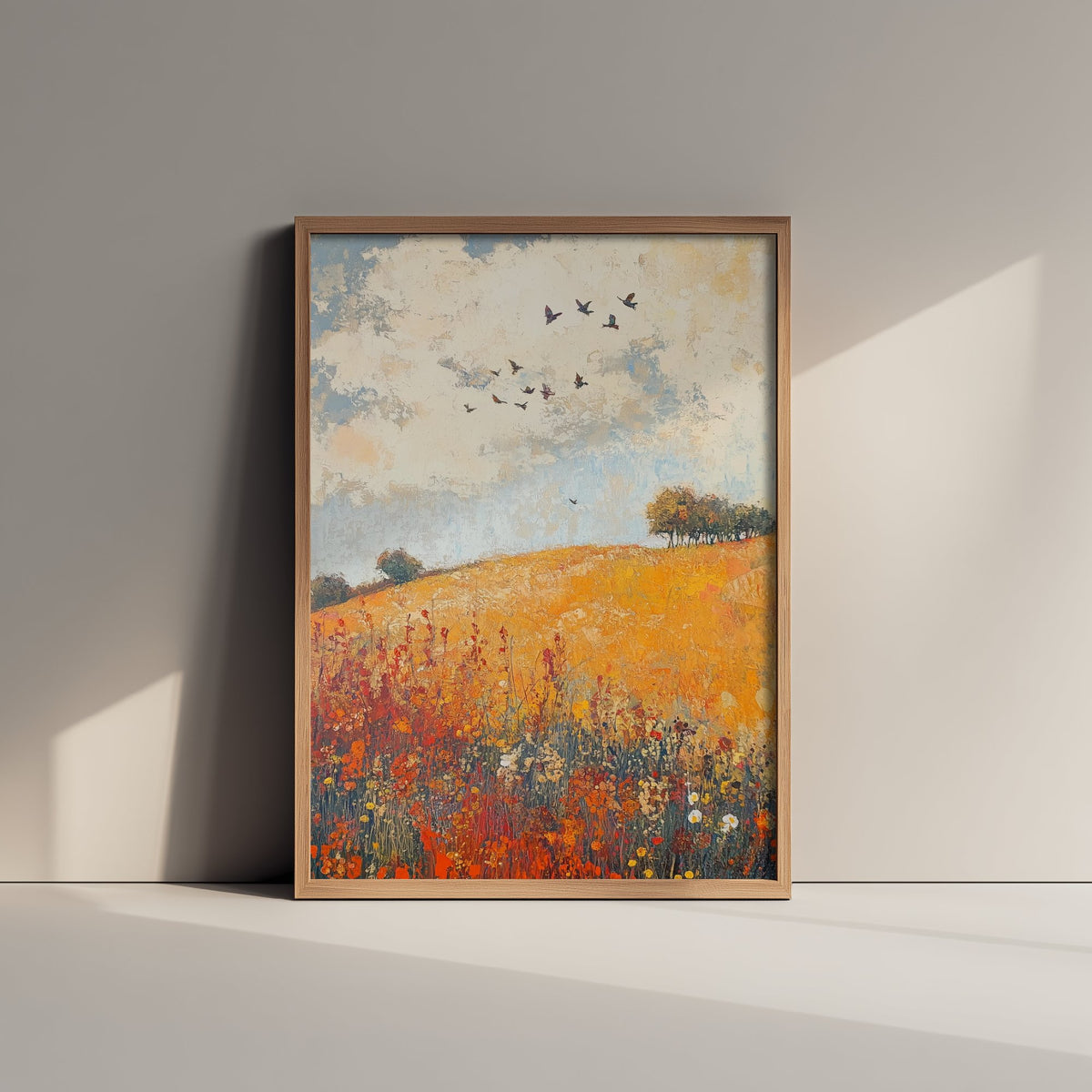 Rolling Hills Landscape Art Print - Butterfly Meadow Poster - Folk Art Painting - Terracotta Indigo and Mist 2/3