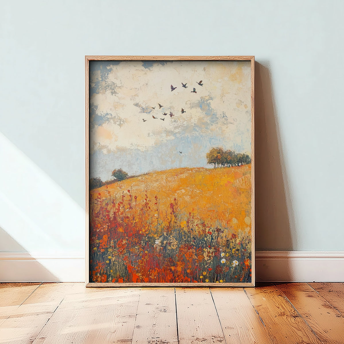 Rolling Hills Landscape Art Print - Butterfly Meadow Poster - Folk Art Painting - Terracotta Indigo and Mist 2/3