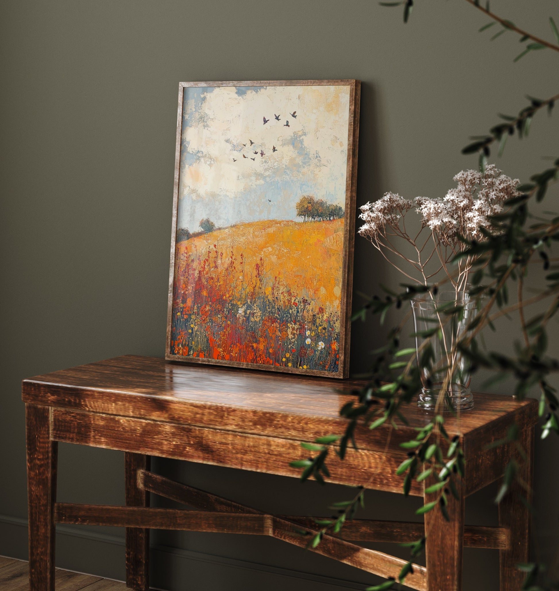 Rolling Hills Landscape Art Print - Butterfly Meadow Poster - Folk Art Painting - Terracotta Indigo and Mist 2/3