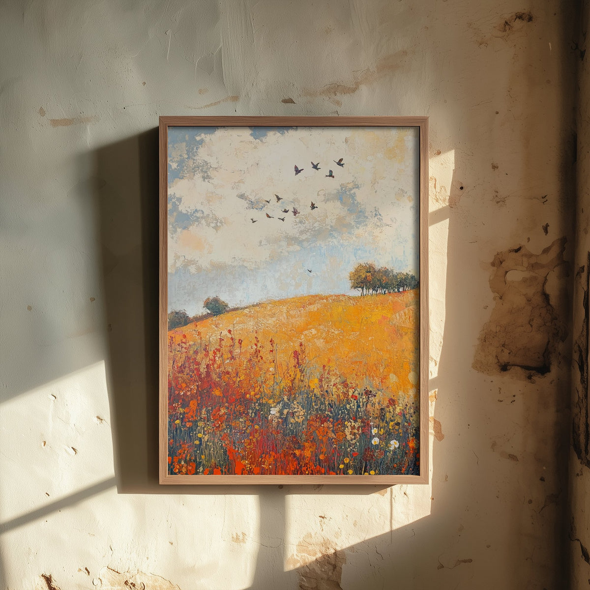 Rolling Hills Landscape Art Print - Butterfly Meadow Poster - Folk Art Painting - Terracotta Indigo and Mist 2/3