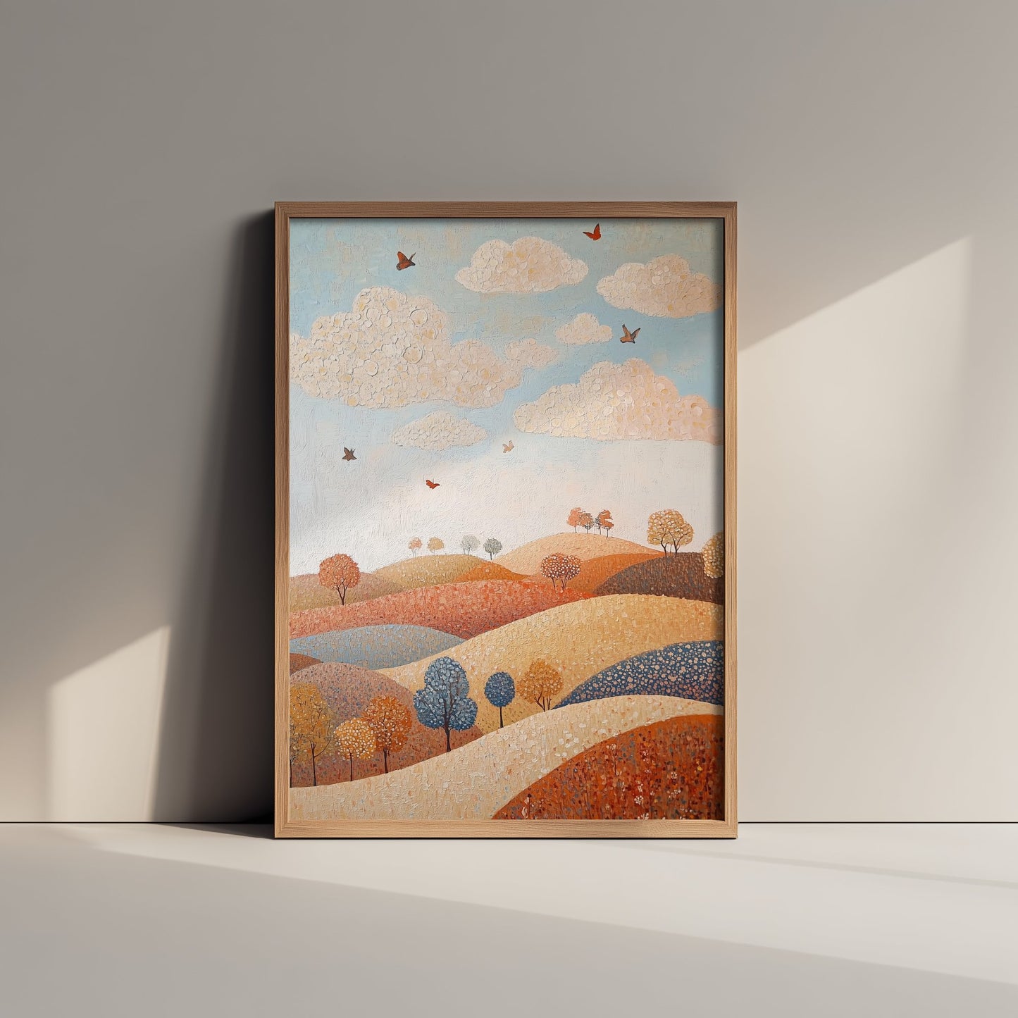 Rolling Hills Landscape Art Print - Butterfly Meadow Poster - Folk Art Painting - Terracotta Indigo and Mist 3/3