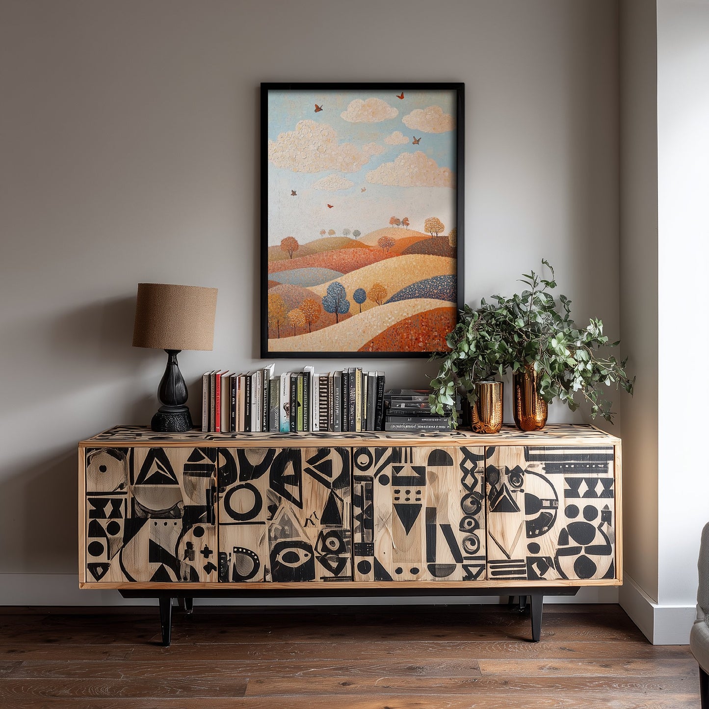 Rolling Hills Landscape Art Print - Butterfly Meadow Poster - Folk Art Painting - Terracotta Indigo and Mist 3/3