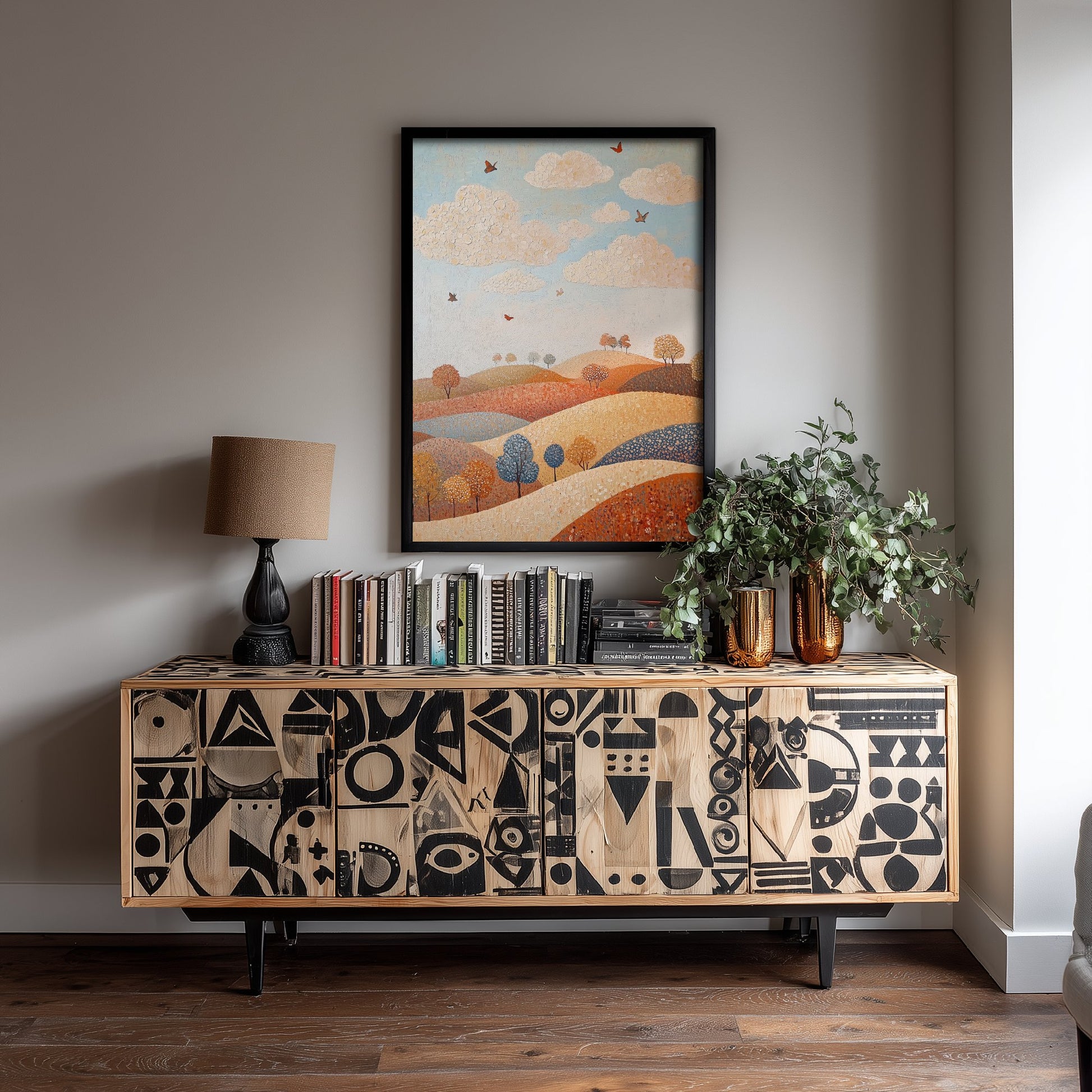 Rolling Hills Landscape Art Print - Butterfly Meadow Poster - Folk Art Painting - Terracotta Indigo and Mist 3/3