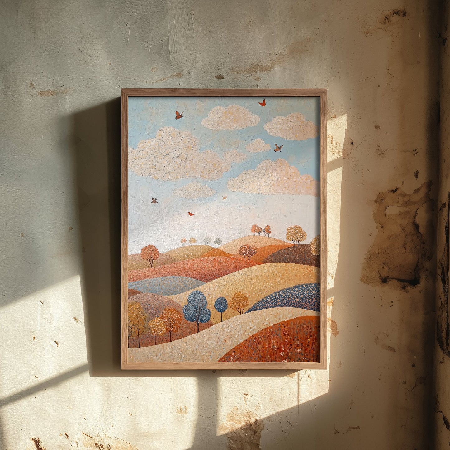 Rolling Hills Landscape Art Print - Butterfly Meadow Poster - Folk Art Painting - Terracotta Indigo and Mist 3/3