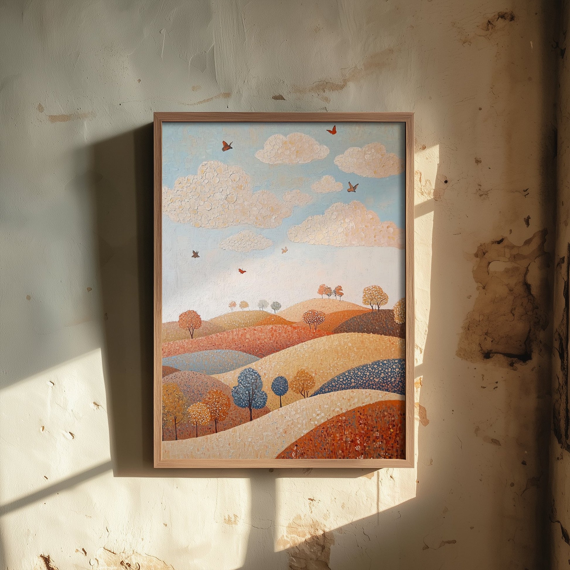 Rolling Hills Landscape Art Print - Butterfly Meadow Poster - Folk Art Painting - Terracotta Indigo and Mist 3/3