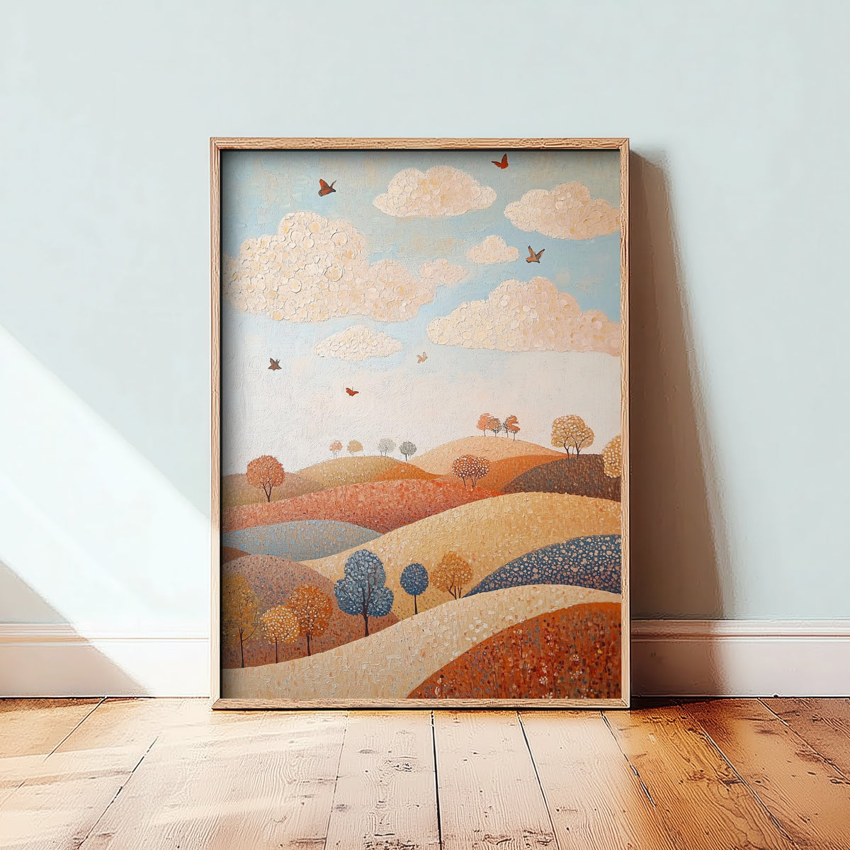 Rolling Hills Landscape Art Print - Butterfly Meadow Poster - Folk Art Painting - Terracotta Indigo and Mist 3/3