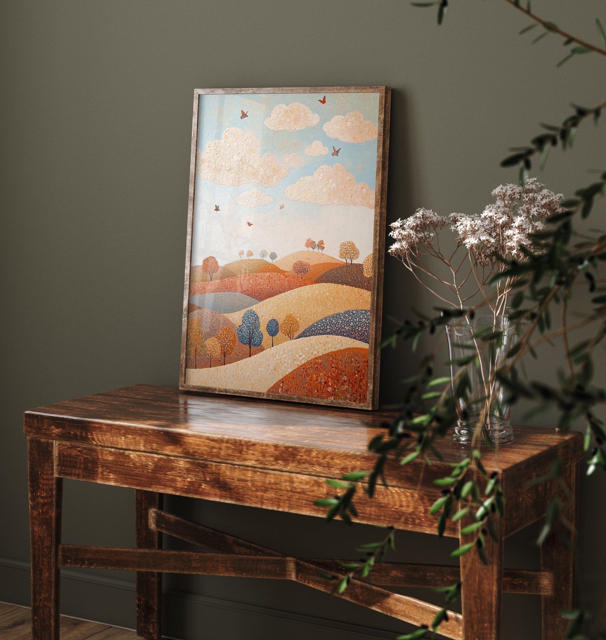 Rolling Hills Landscape Art Print - Butterfly Meadow Poster - Folk Art Painting - Terracotta Indigo and Mist 3/3