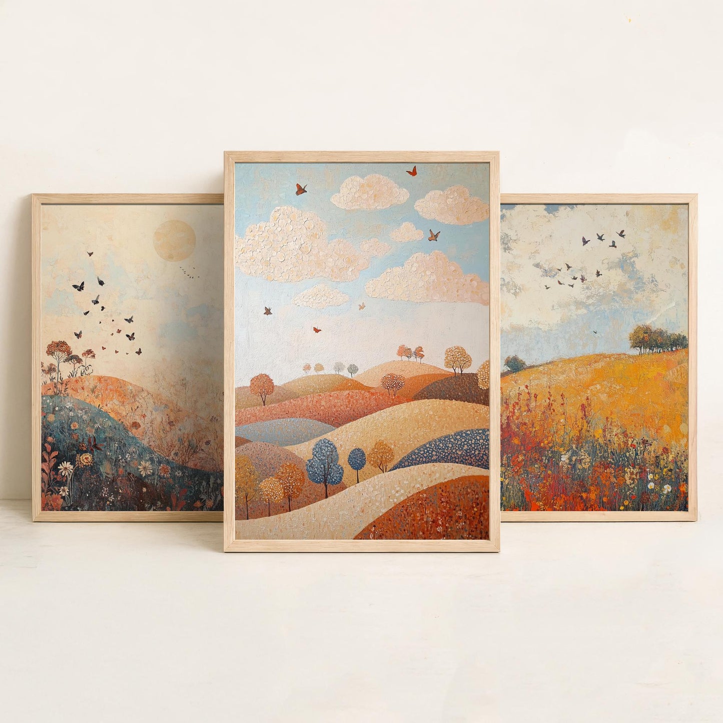 Rolling Hills Butterfly Set of Three Art Prints - Terracotta Indigo and Mist - Folk Meadow Poster Illustration Gift
