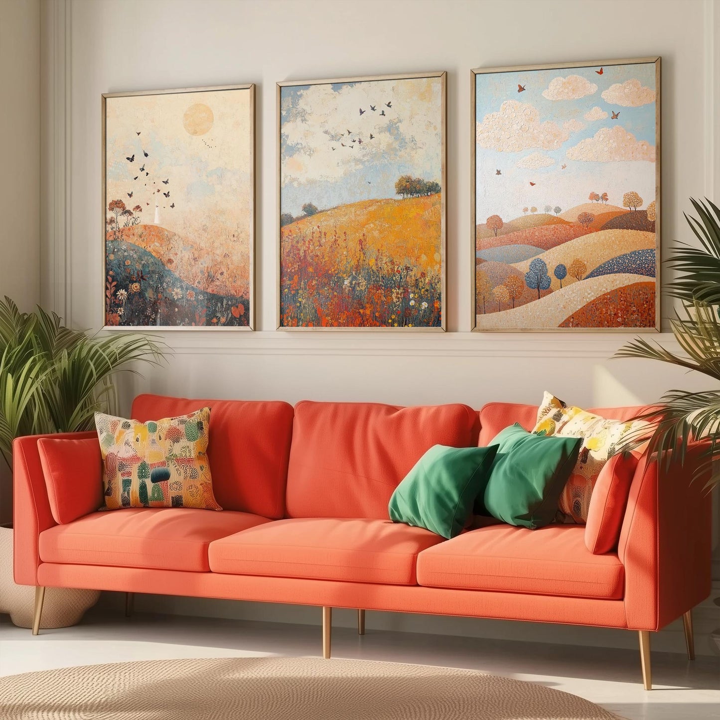 Rolling Hills Butterfly Set of Three Art Prints - Terracotta Indigo and Mist - Folk Meadow Poster Illustration Gift