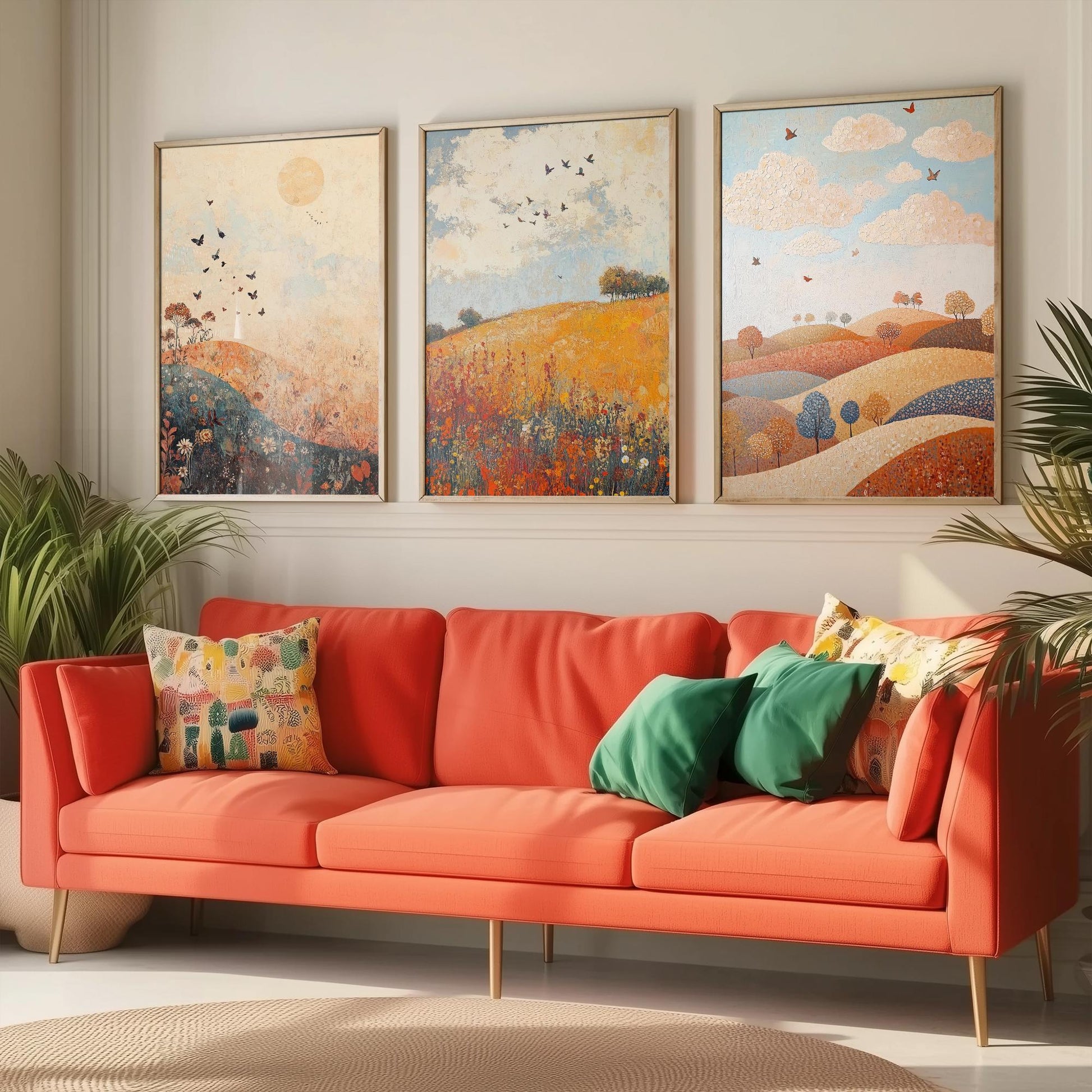 Rolling Hills Butterfly Set of Three Art Prints - Terracotta Indigo and Mist - Folk Meadow Poster Illustration Gift