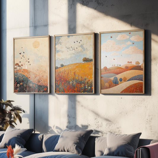 Rolling Hills Butterfly Set of Three Art Prints - Terracotta Indigo and Mist - Folk Meadow Poster Illustration Gift