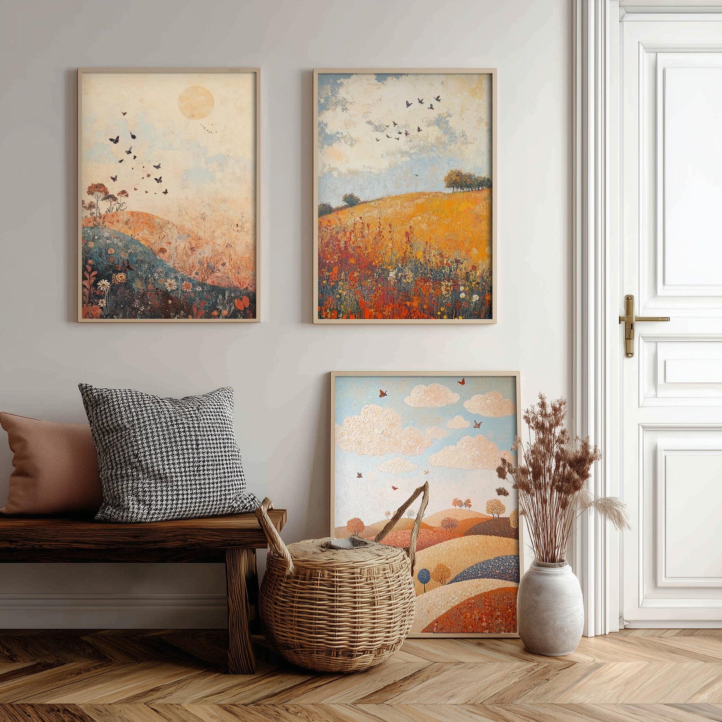 Rolling Hills Butterfly Set of Three Art Prints - Terracotta Indigo and Mist - Folk Meadow Poster Illustration Gift