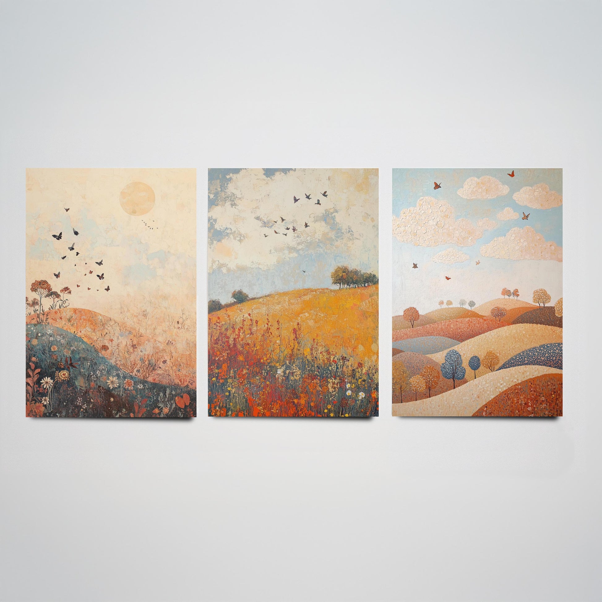 Rolling Hills Butterfly Set of Three Art Prints - Terracotta Indigo and Mist - Folk Meadow Poster Illustration Gift