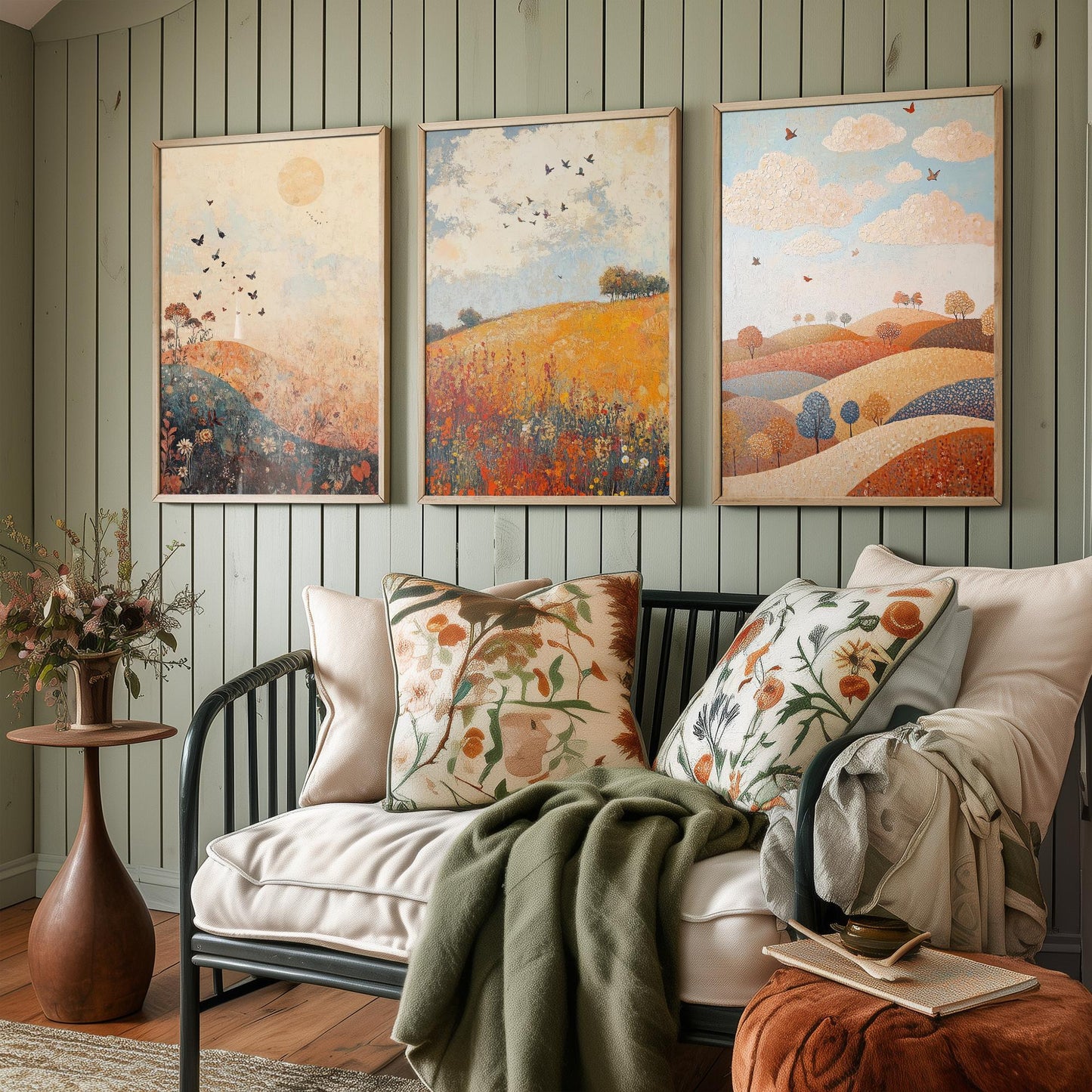 Rolling Hills Butterfly Set of Three Art Prints - Terracotta Indigo and Mist - Folk Meadow Poster Illustration Gift