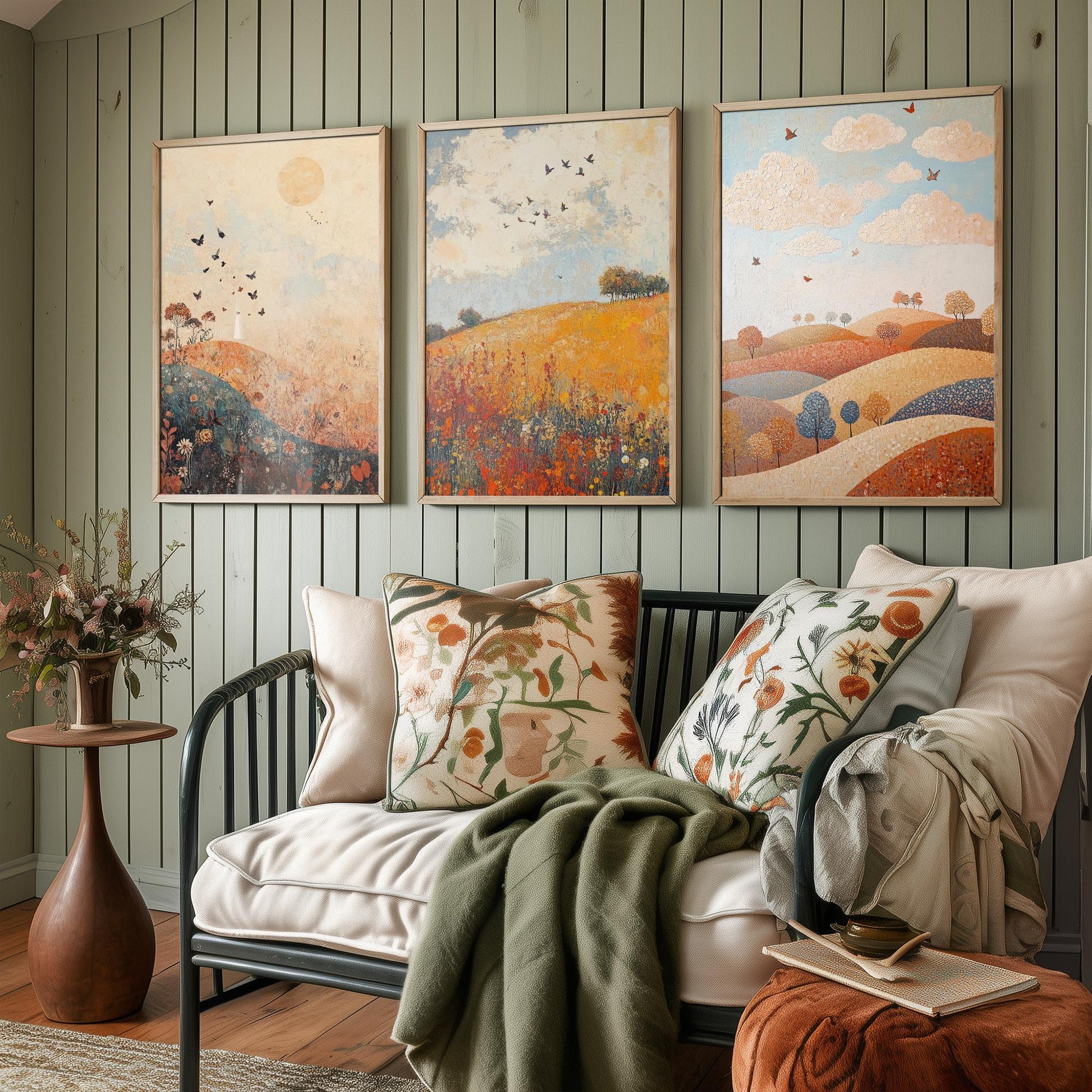 Rolling Hills Butterfly Set of Three Art Prints - Terracotta Indigo and Mist - Folk Meadow Poster Illustration Gift
