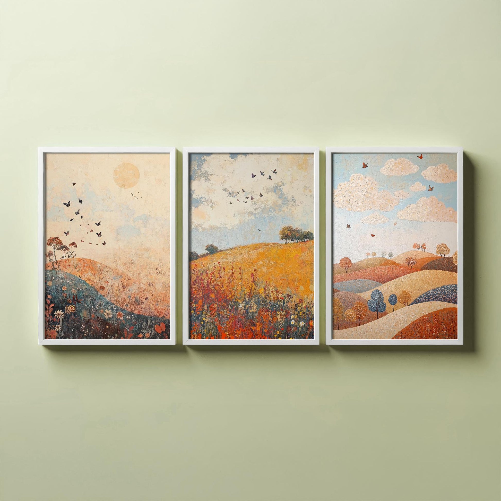 Rolling Hills Butterfly Set of Three Art Prints - Terracotta Indigo and Mist - Folk Meadow Poster Illustration Gift