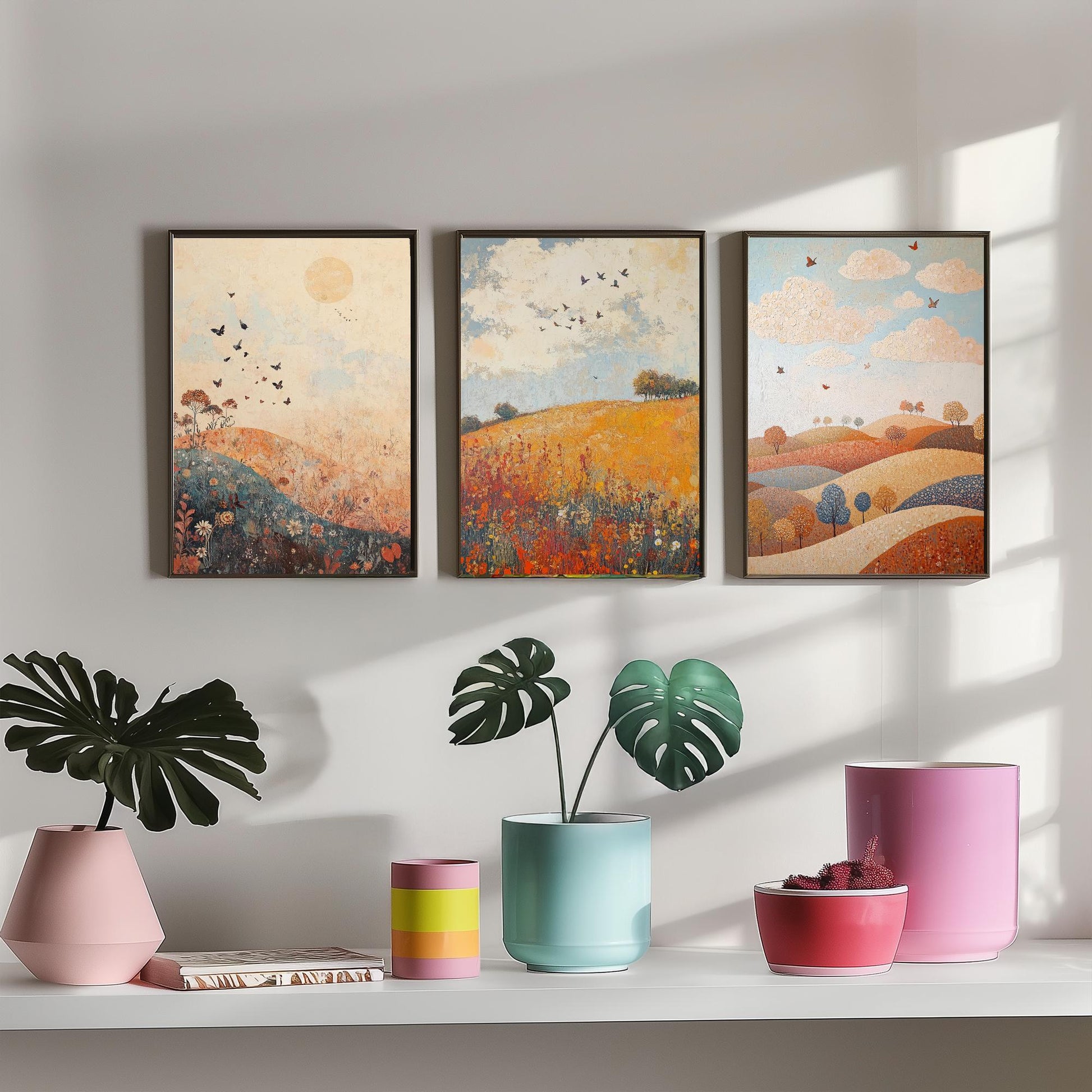Rolling Hills Butterfly Set of Three Art Prints - Terracotta Indigo and Mist - Folk Meadow Poster Illustration Gift