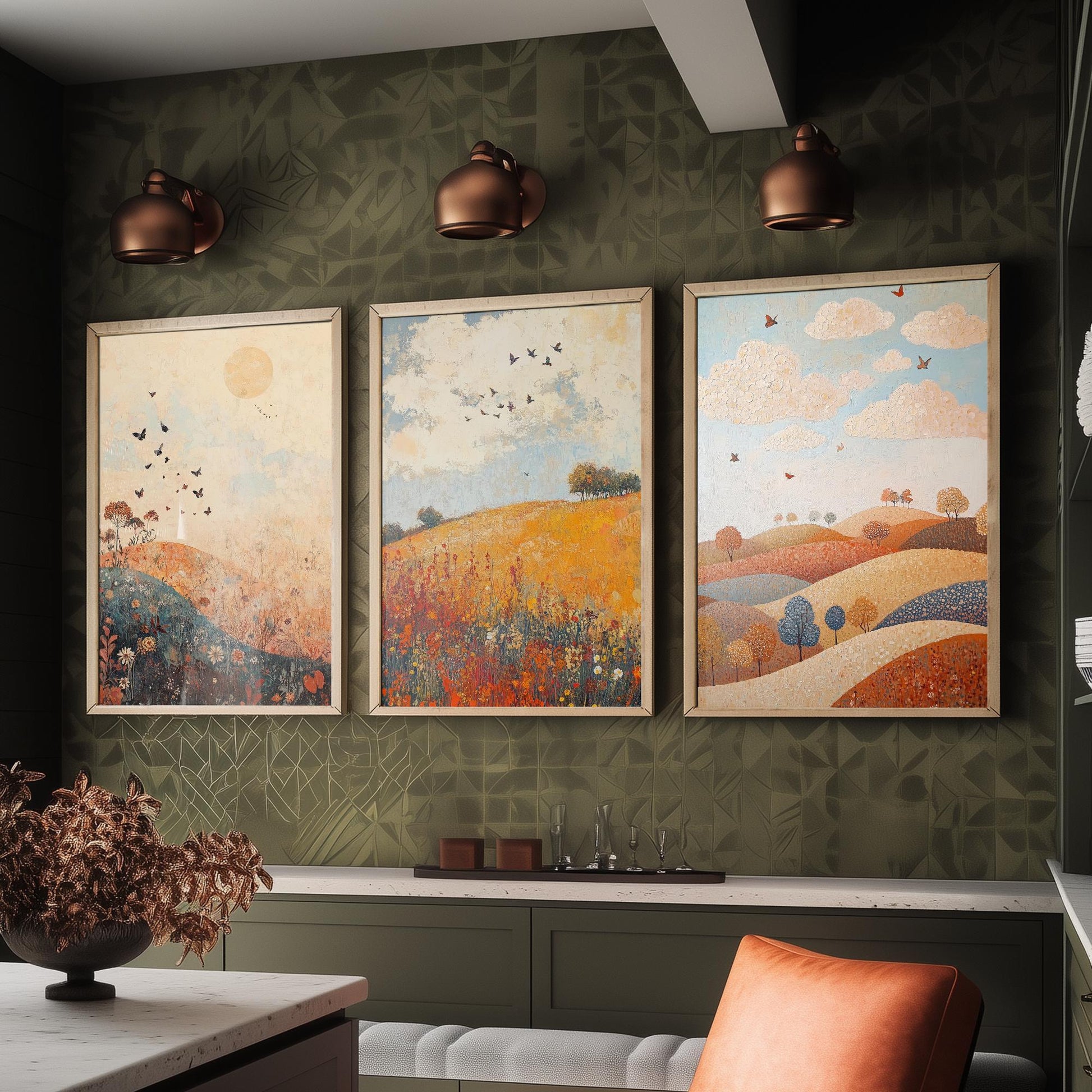 Rolling Hills Butterfly Set of Three Art Prints - Terracotta Indigo and Mist - Folk Meadow Poster Illustration Gift