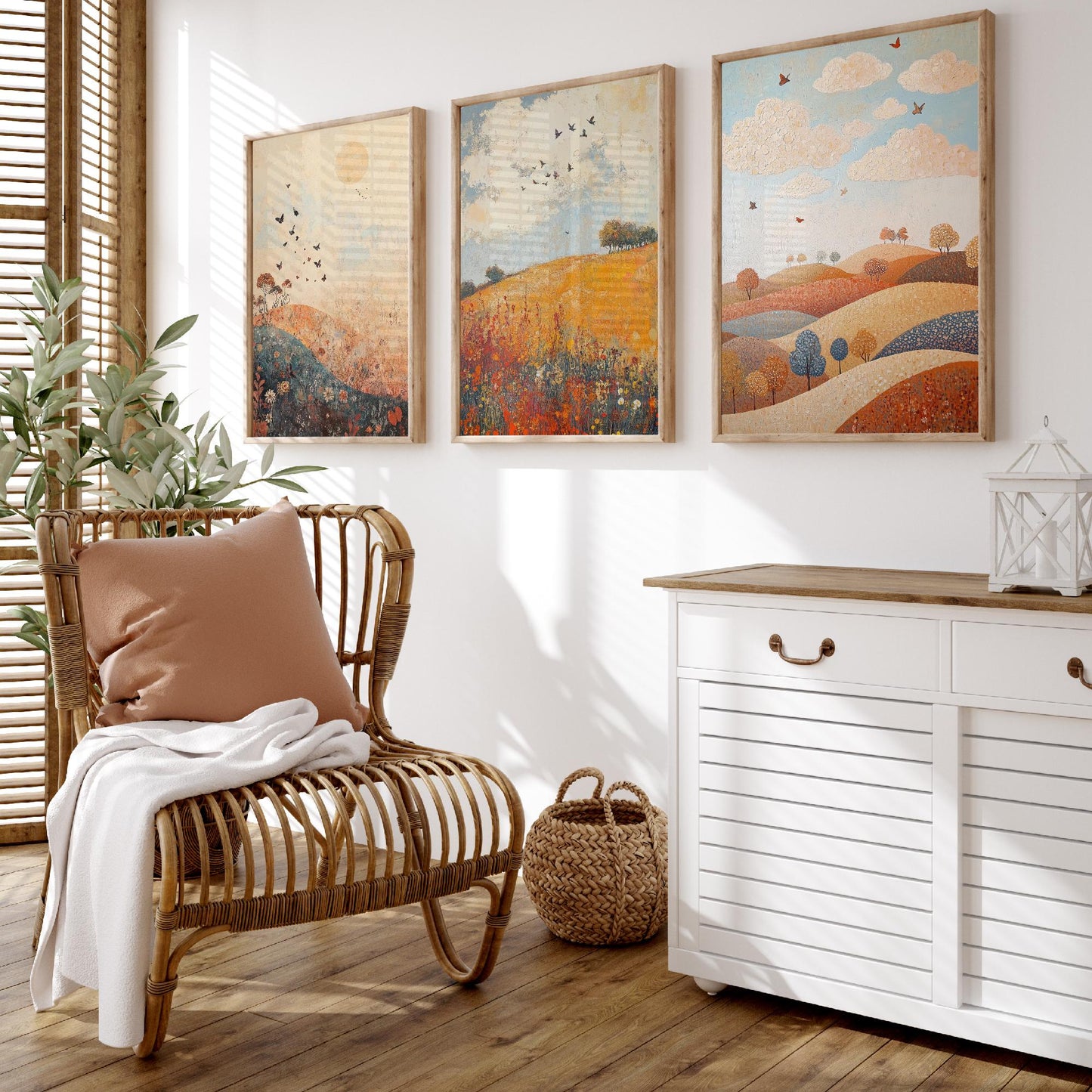 Rolling Hills Butterfly Set of Three Art Prints - Terracotta Indigo and Mist - Folk Meadow Poster Illustration Gift