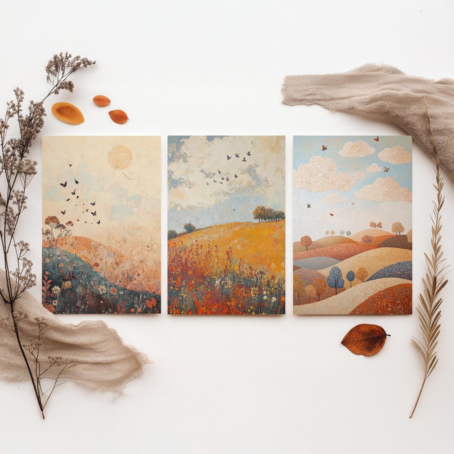 Rolling Hills Butterfly Set of Three Art Prints - Terracotta Indigo and Mist - Folk Meadow Poster Illustration Gift