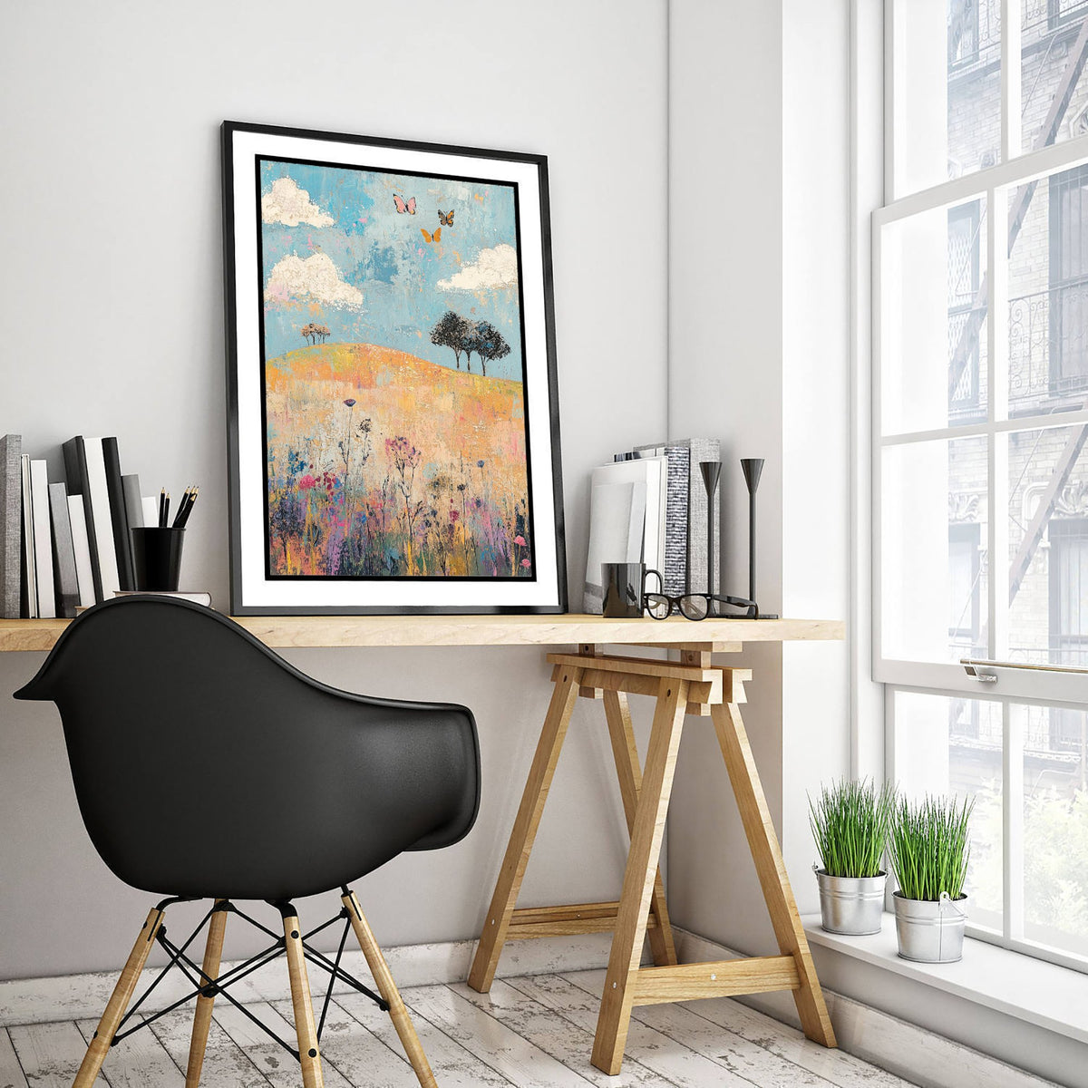Rolling Hills Landscape Art Print - Butterfly Meadow Poster - Folk Art Painting - Thistle Onyx and Frost 1/3